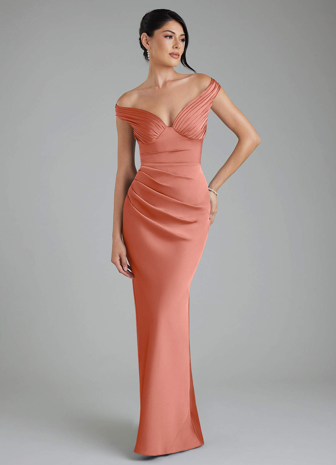 Stella Sheath V-Neck Stretch Satin Bridesmaid Dress in Salmon Pink