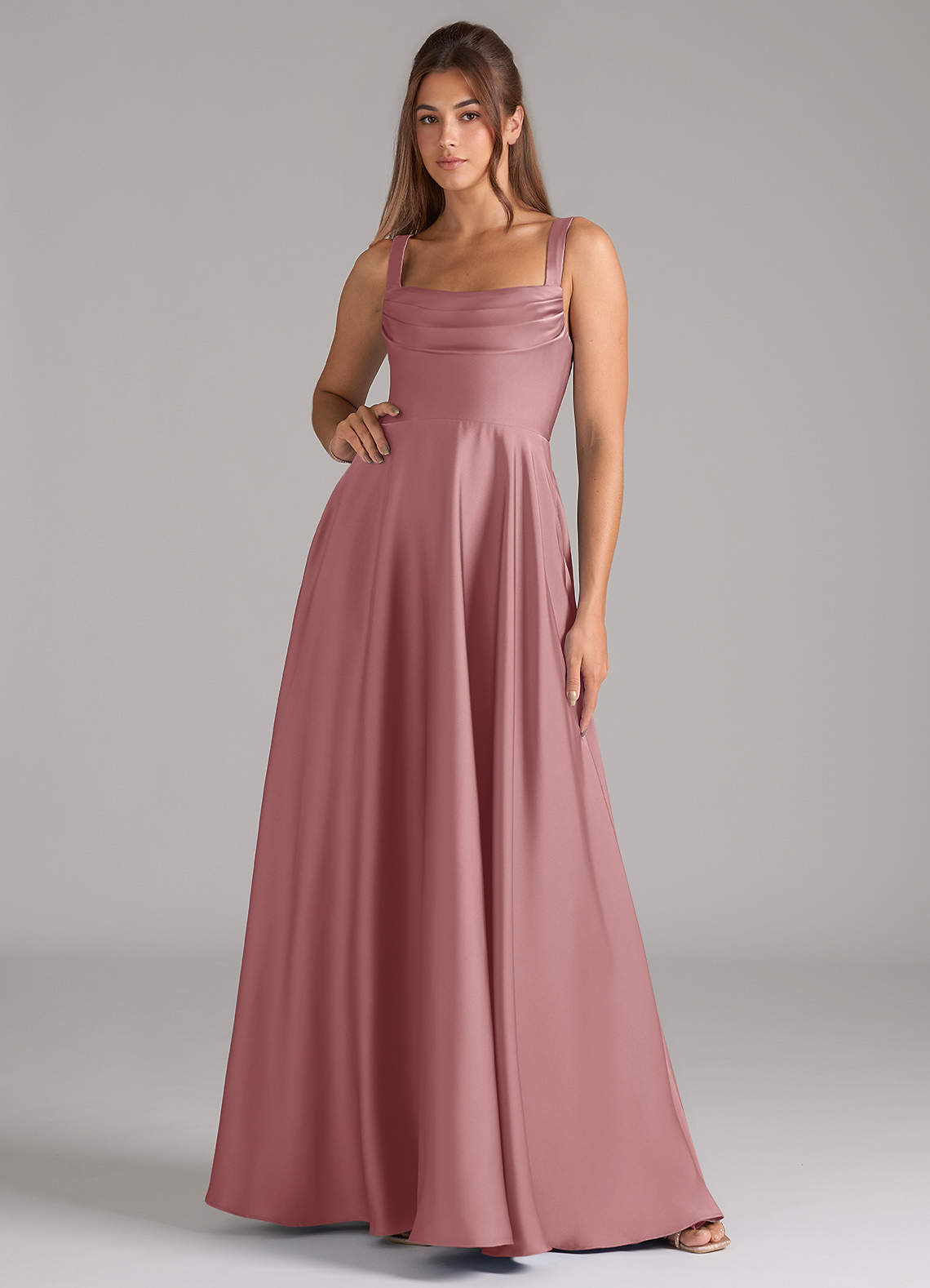 Shaude A-Line Square-Neck Stretch Satin Bridesmaid Dress in dusty rose