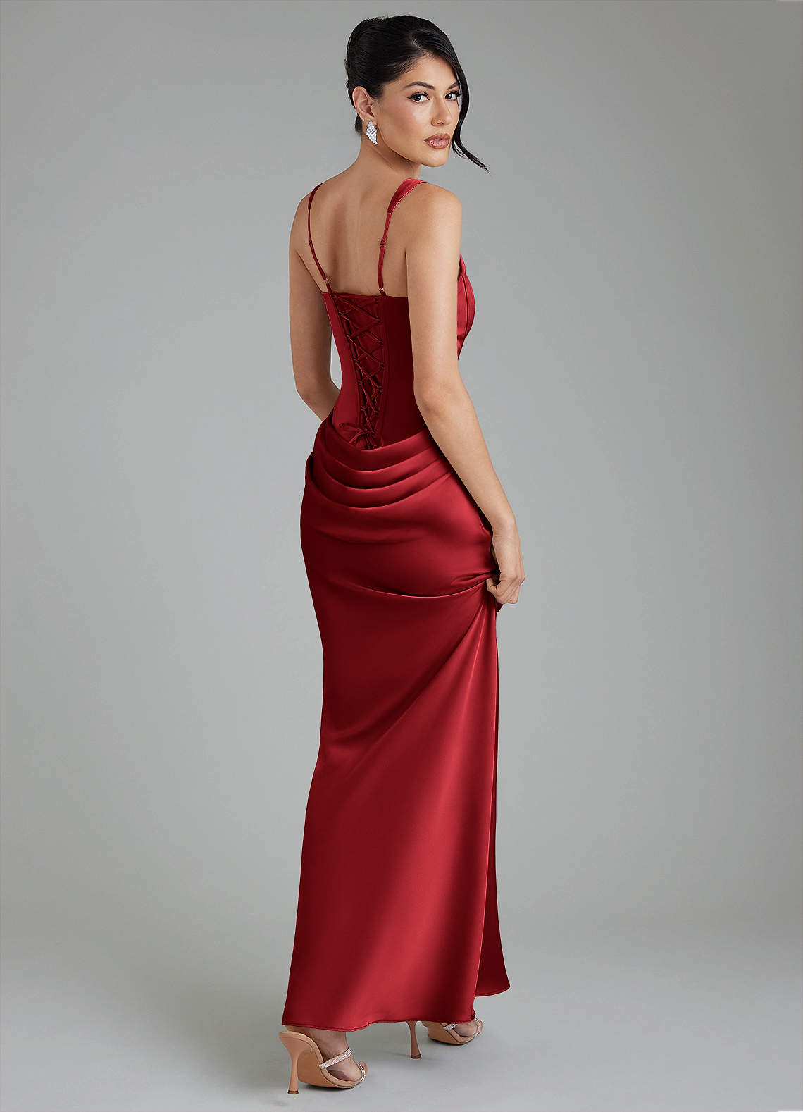 Etta Mermaid Square-Neck Stretch Satin Bridesmaid Dress in Scarlet