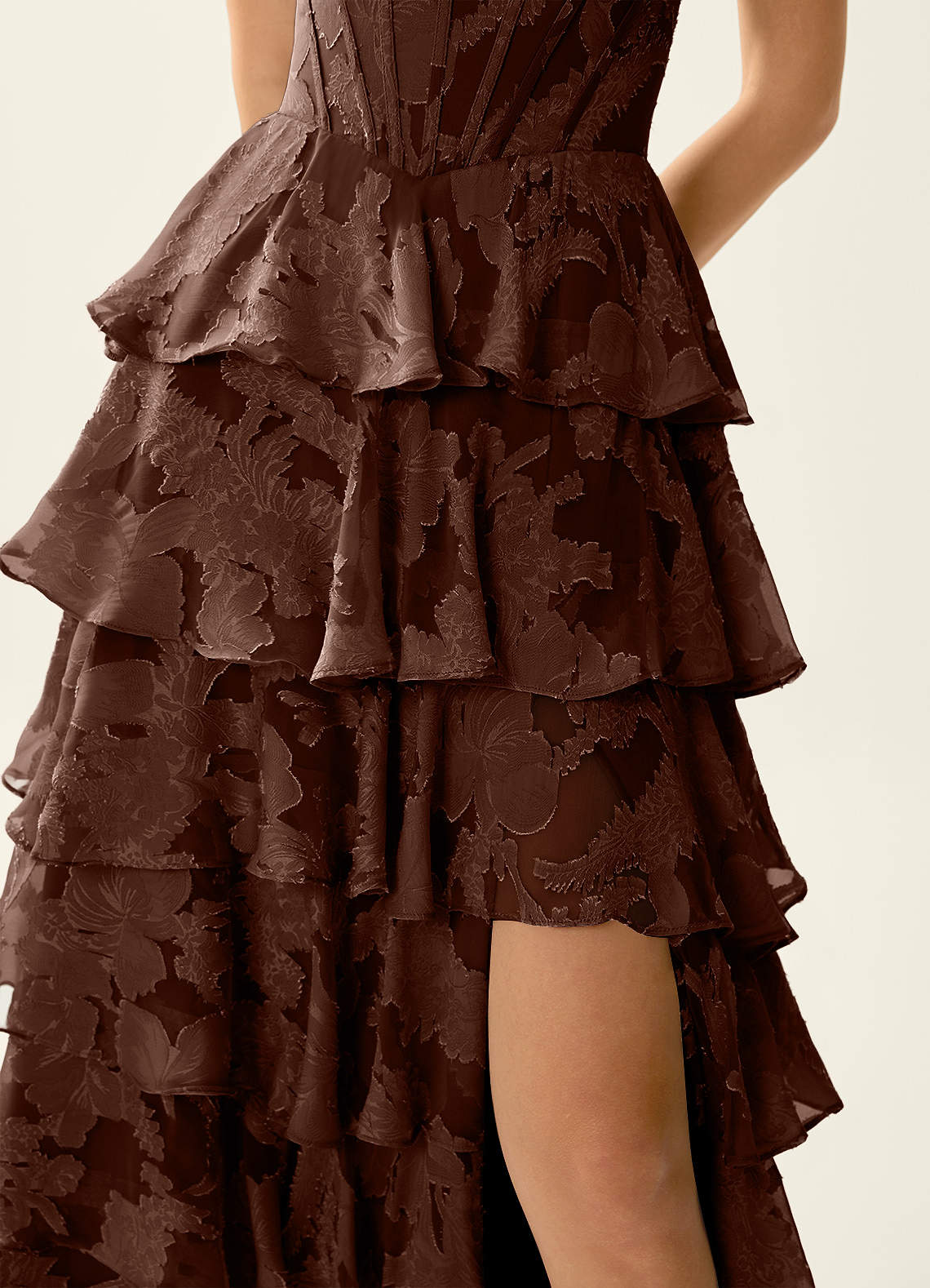 Wrenana A-Line Cowl-Neck Floral Burnout Evening Dress in Mocha Coco