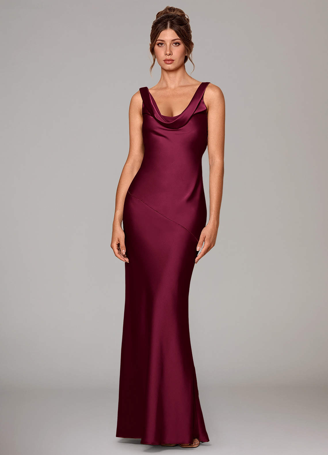 Rylina Mermaid Cowl-Neck Stretch Satin Bridesmaid Dress in Burgundy