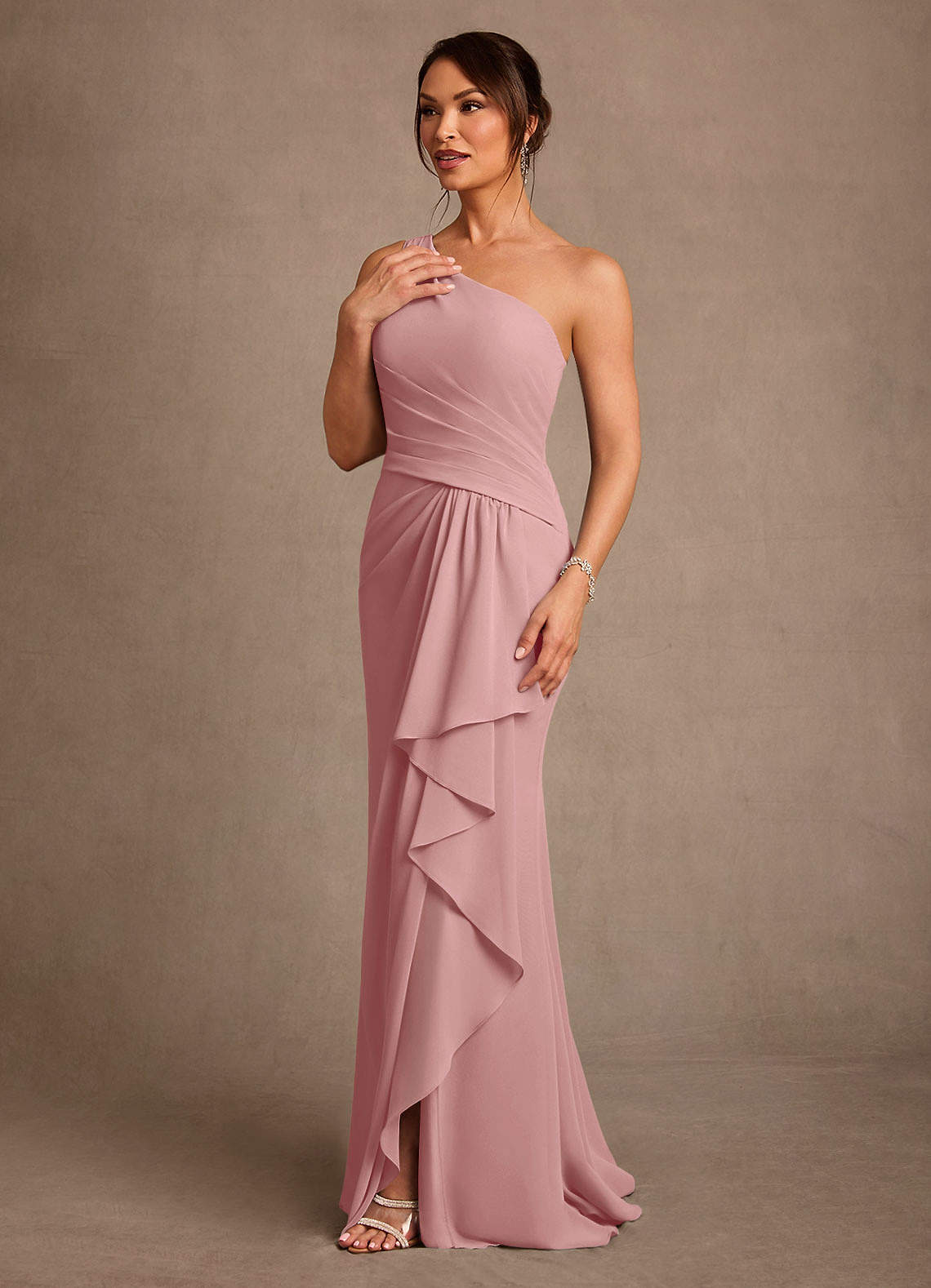 Floy Sheath One-Shoulder Chiffon Mother of the Bride Dress in Dusty Rose