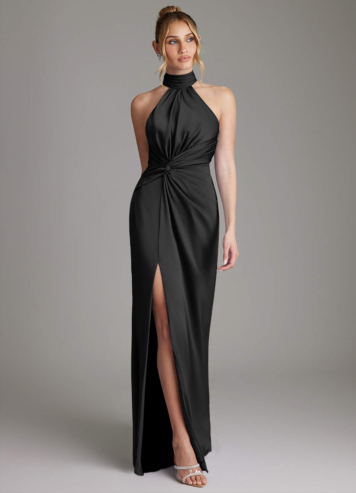 Gracelynn Sheath Halter Stretch Satin Bridesmaid Dress in black