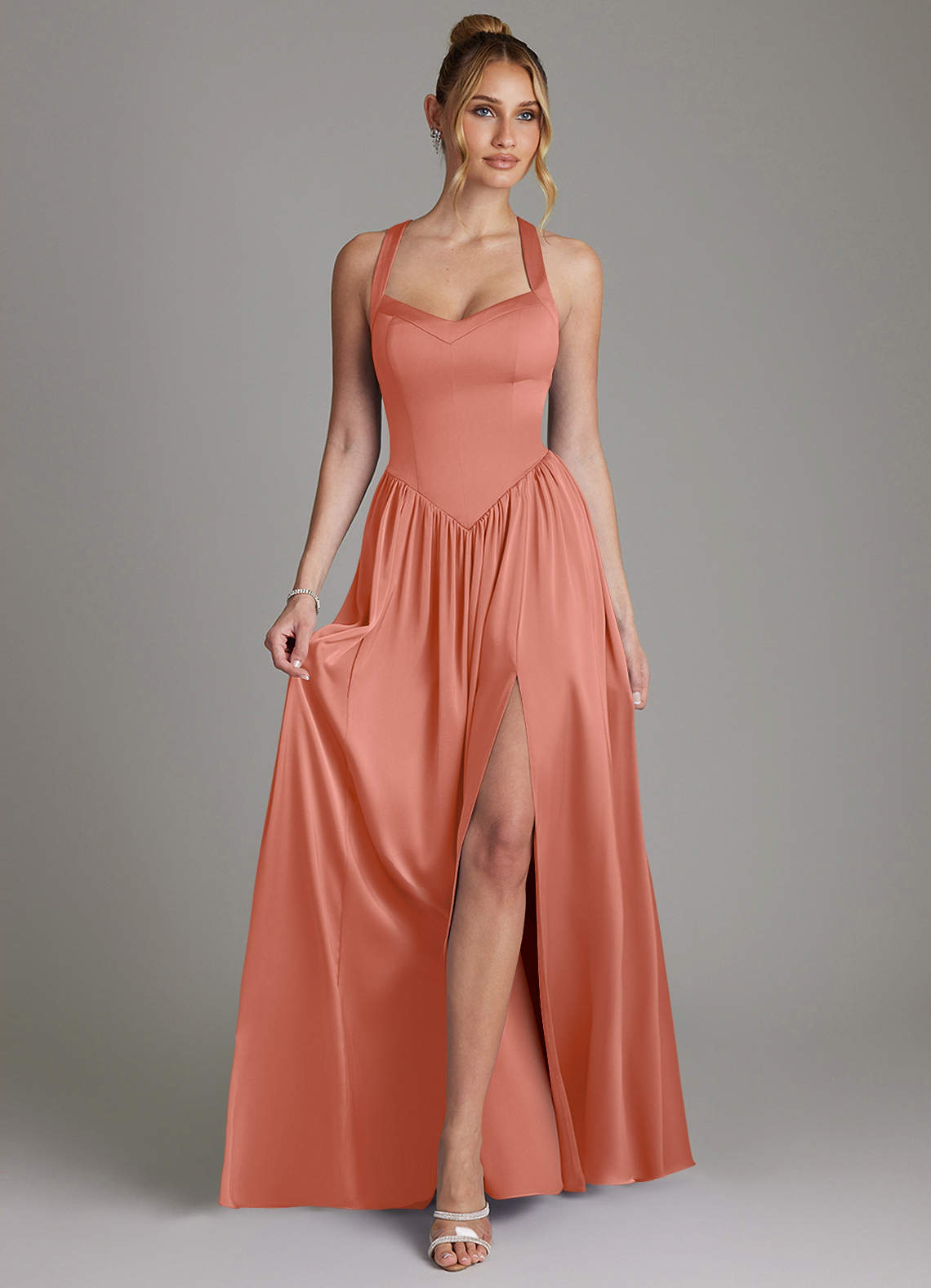 Francis A-Line V-Neck Stretch Satin Bridesmaid Dress in Salmon Pink