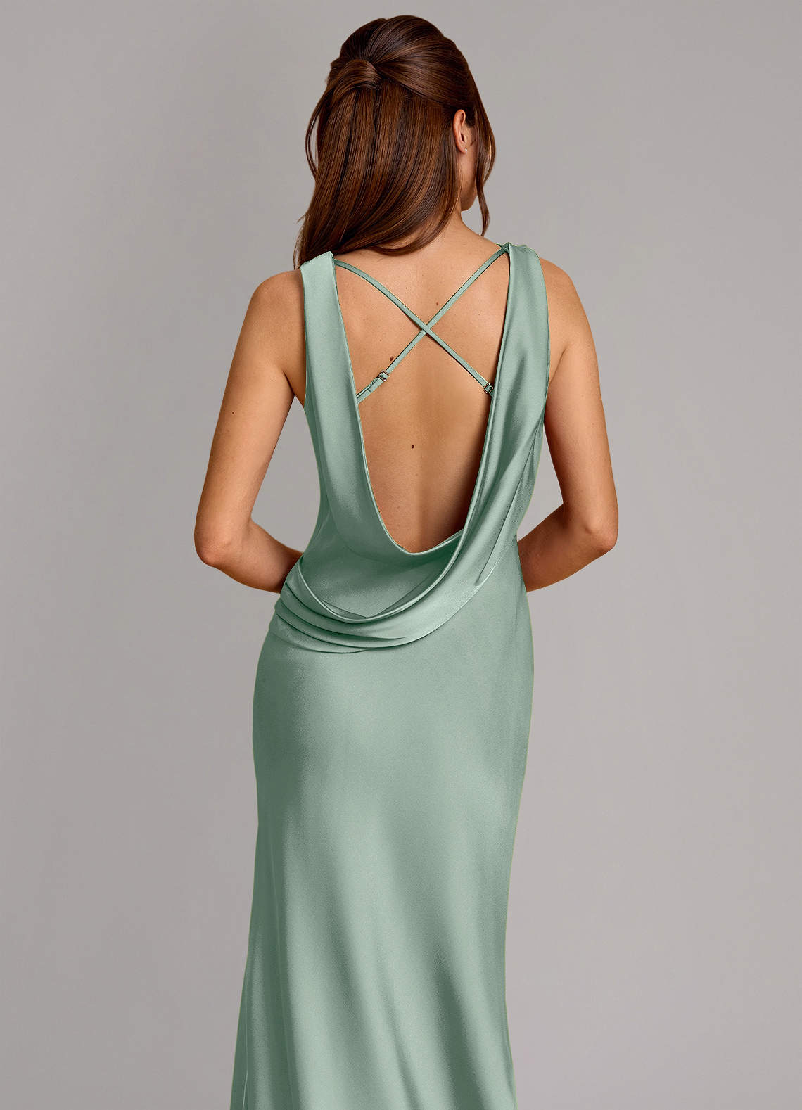 Cheryl Mermaid Cowl-Neck Stretch Satin Bridesmaid Dress in Agave