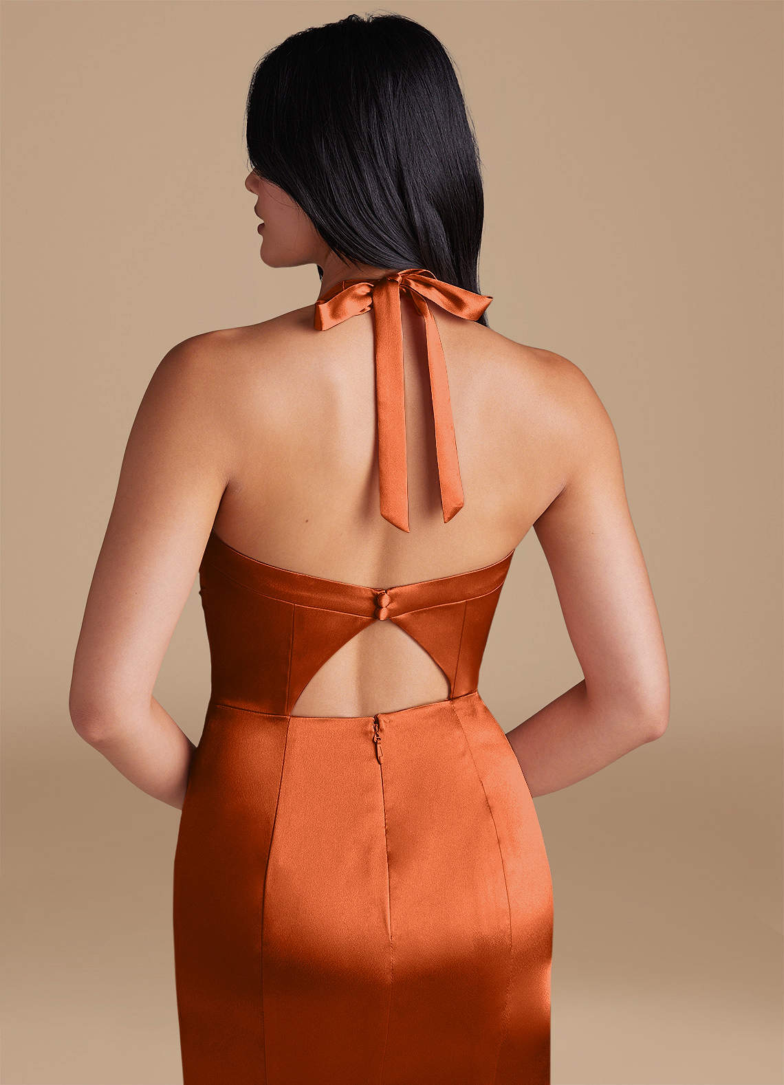 Emeria Sheath Halter Metallic Satin Bridesmaid Dress in Burnt Orange