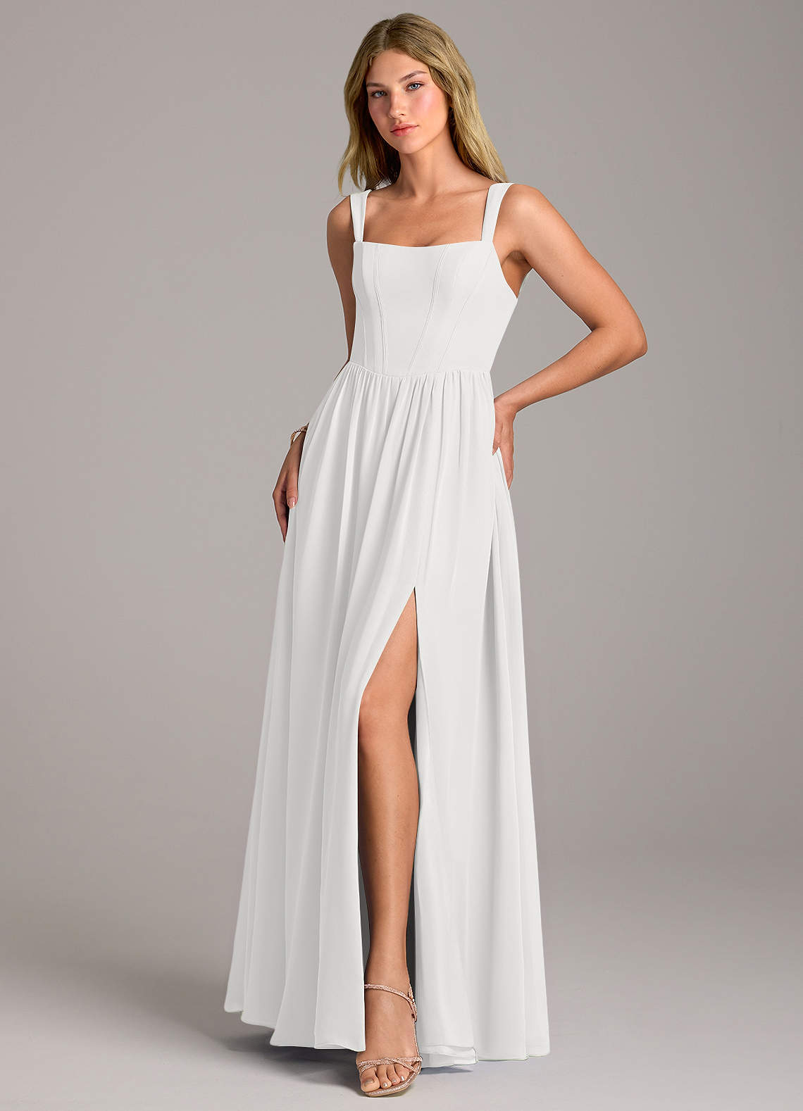 Rosaline A-Line Square-Neck Chiffon Bridesmaid Dress in white