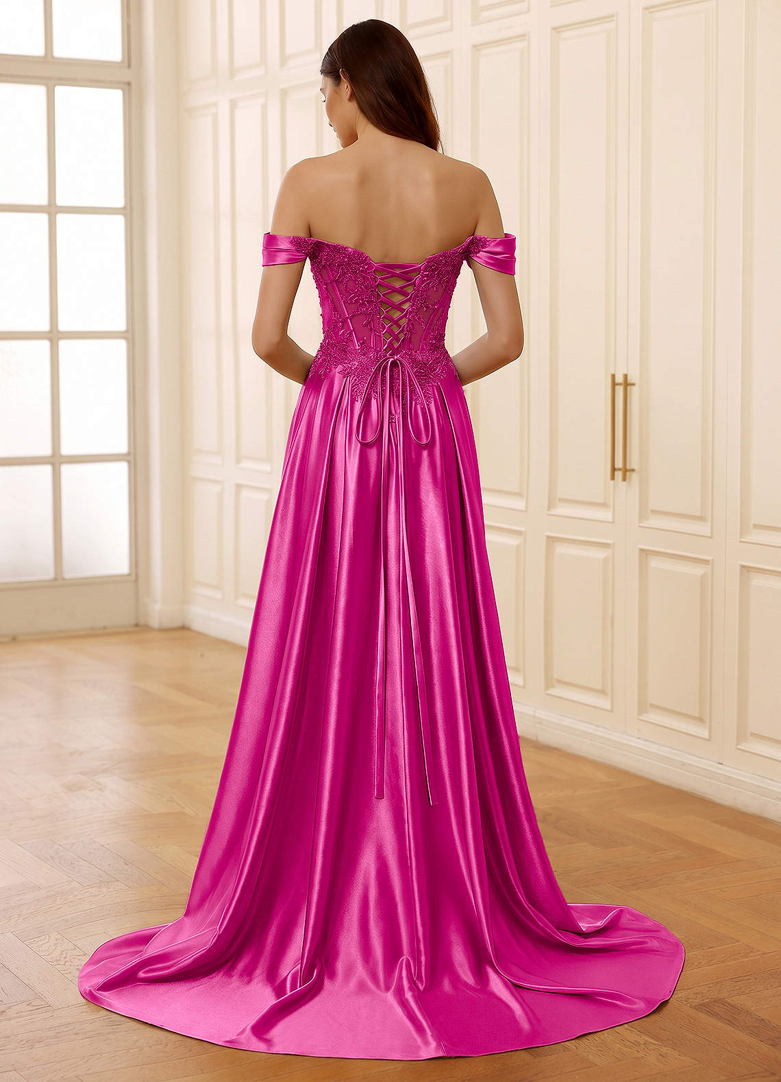 Rowane A-Line Off-the-Shoulder Satin Evening Dress in Magenta