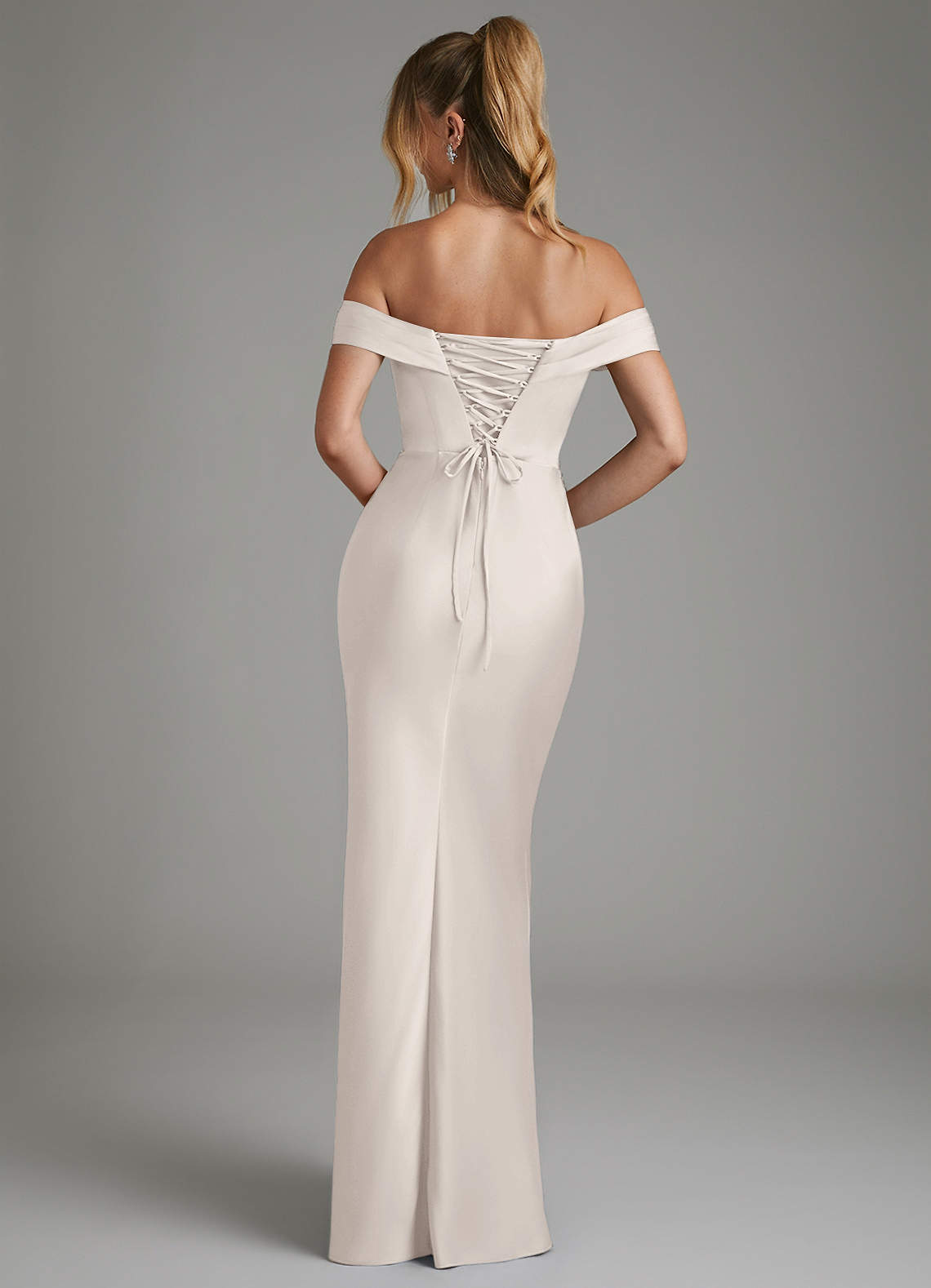 Hayden Mermaid Off-the-Shoulder Stretch Satin Bridesmaid Dress in White Alabaster