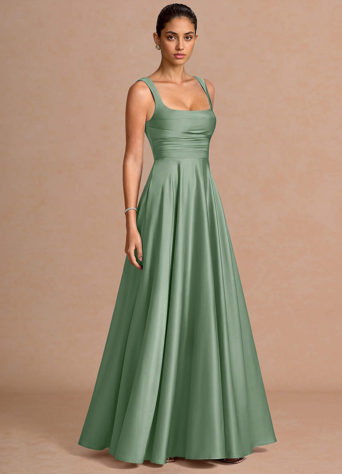 Azaria A-Line Square-Neck Stretch Satin Wedding Guest Dress in Haze blue