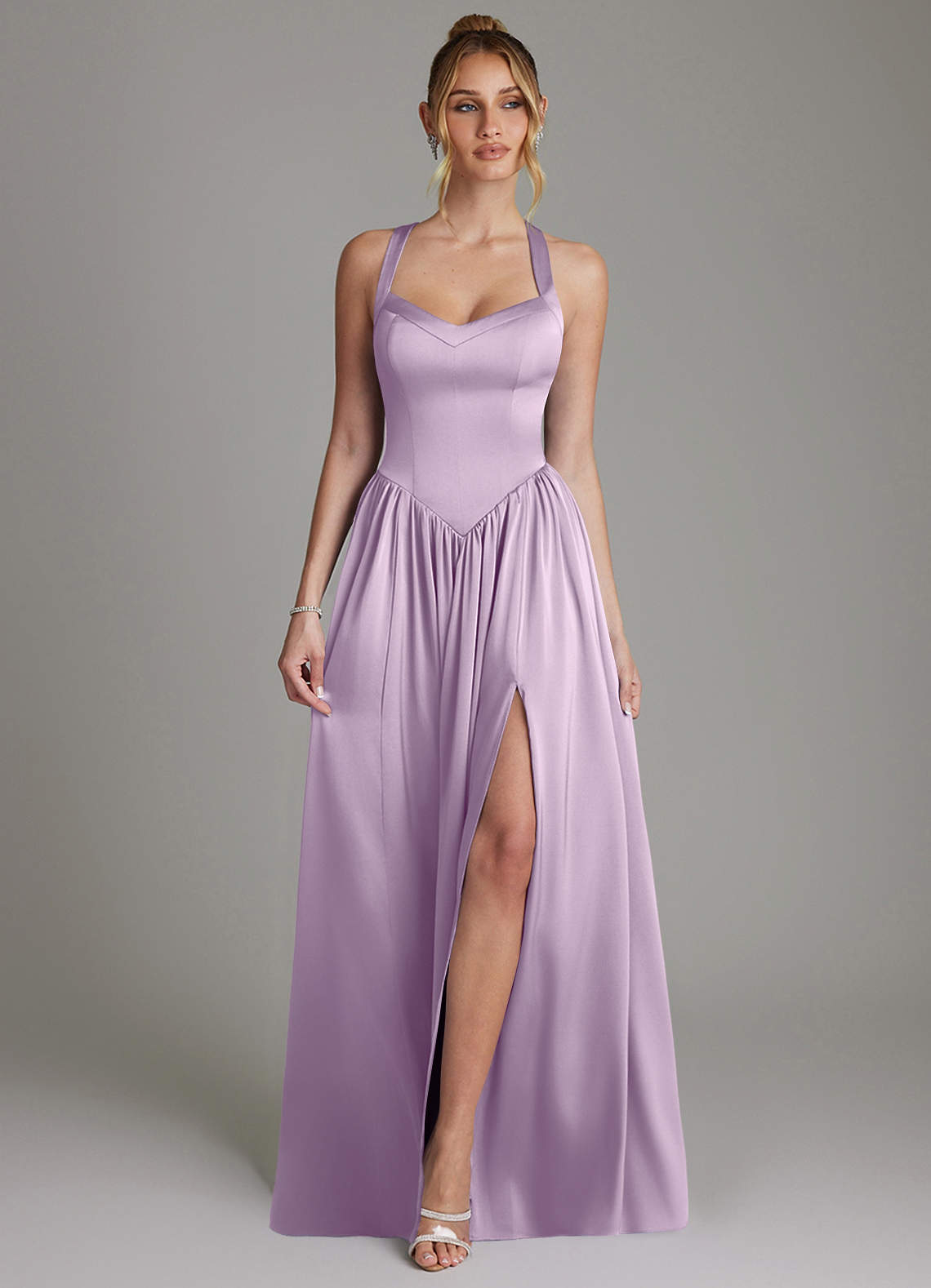 Francis A-Line V-Neck Stretch Satin Bridesmaid Dress in Frosted Lilac