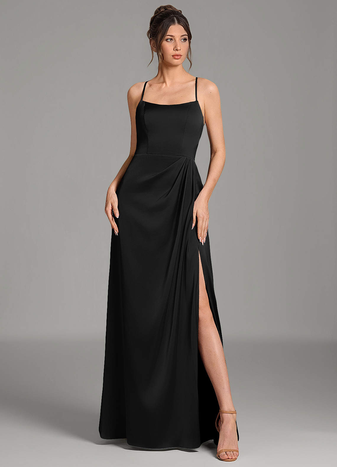 Frankie A-Line Scoop-Neck Stretch Satin Bridesmaid Dress in black