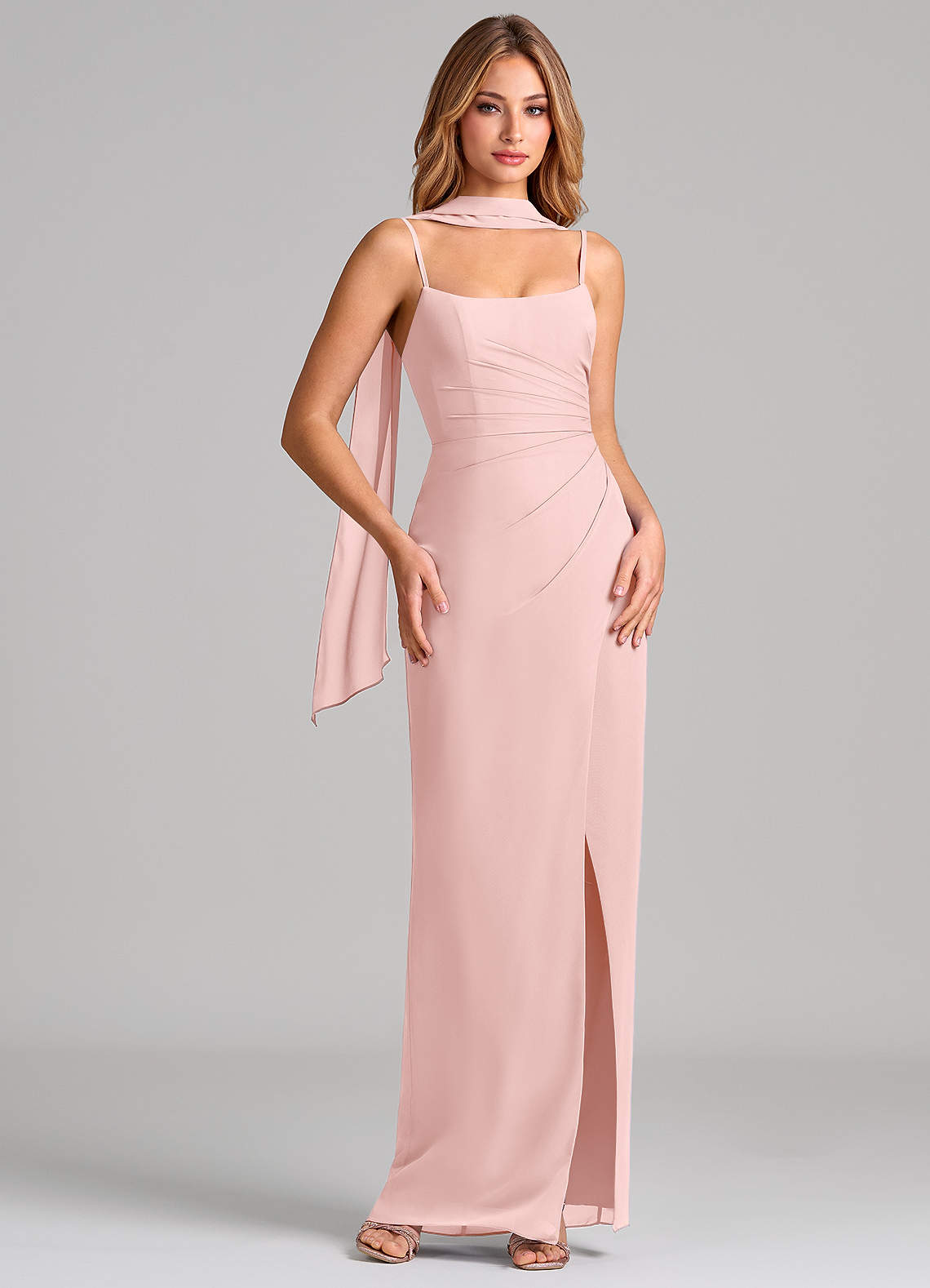 Calandra Sheath Scoop-Neck Chiffon Bridesmaid Dress in Powder Pink