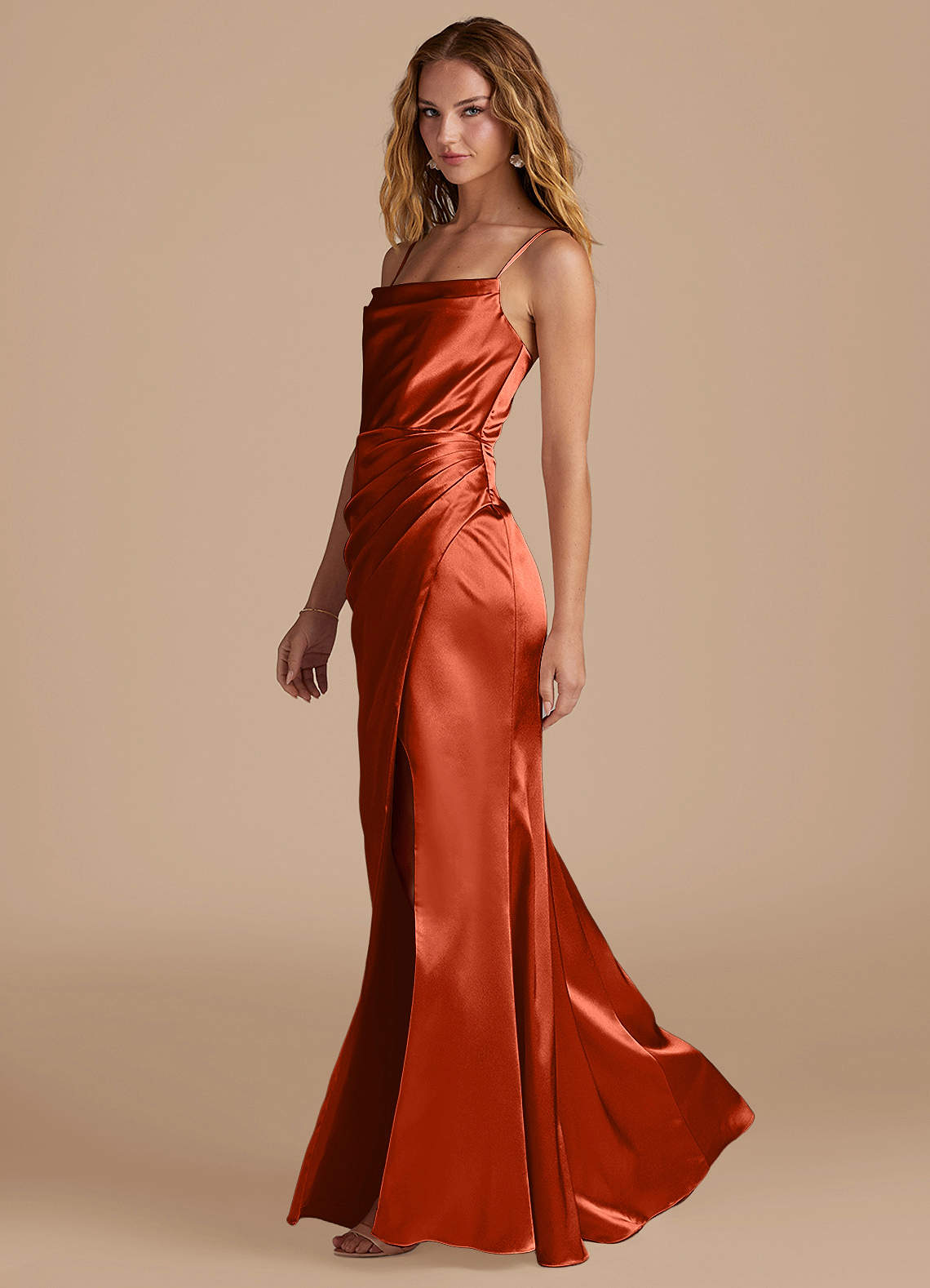 Marzia Mermaid Square-Neck Metallic Satin Bridesmaid Dress in Paprika