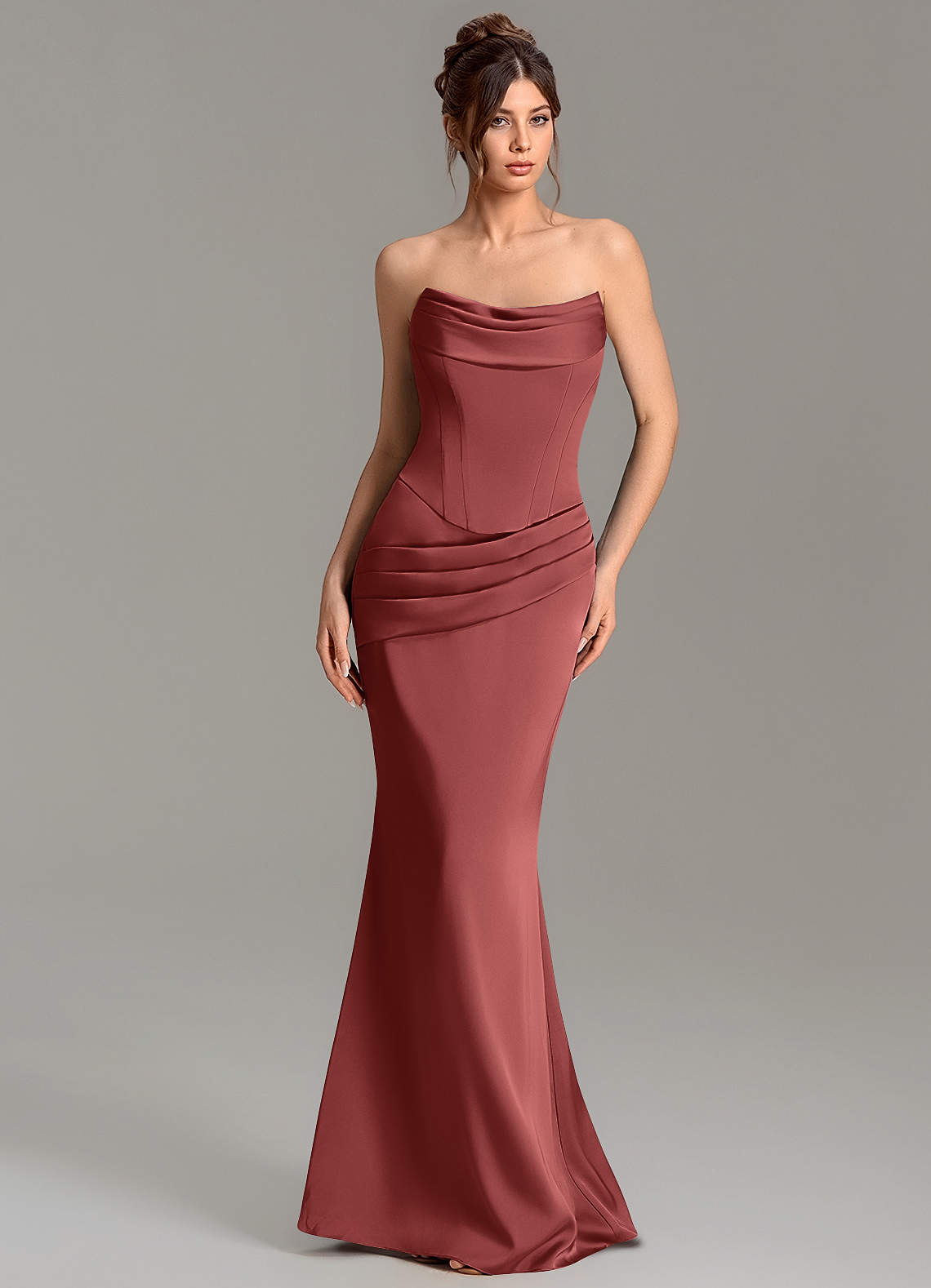 Adrienne Mermaid Cowl-Neck Stretch Satin Bridesmaid Dress in Terracotta