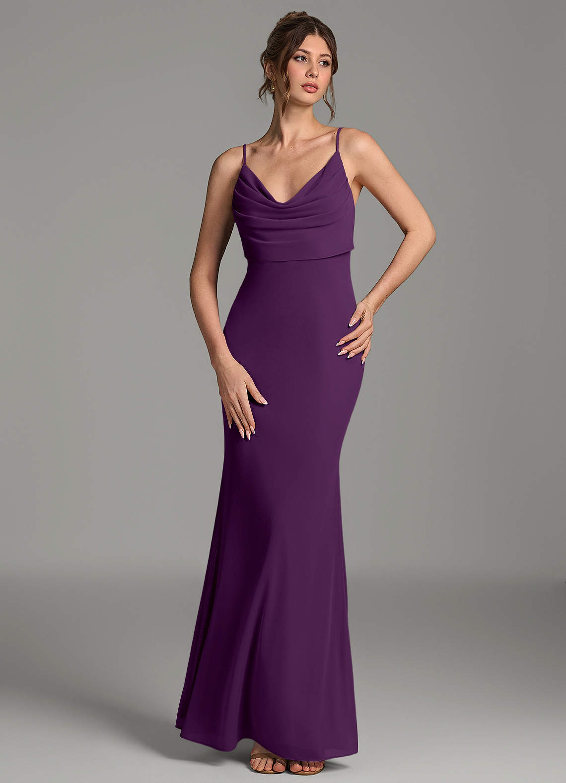 Zari Mermaid Cowl-Neck Mesh Bridesmaid Dress in Grape