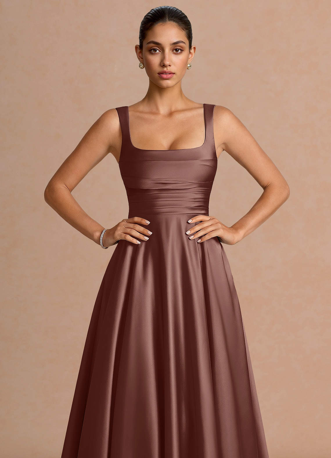 Azaria A-Line Square-Neck Stretch Satin Wedding Guest Dress in Mocha Coco