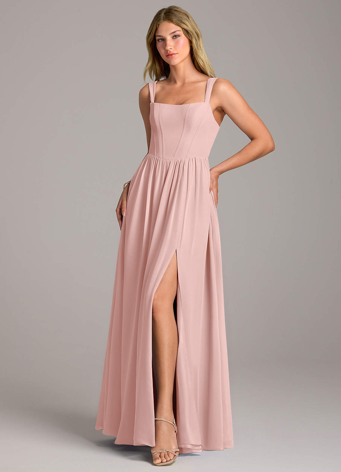 Rosaline A-Line Square-Neck Chiffon Bridesmaid Dress in Powder Pink