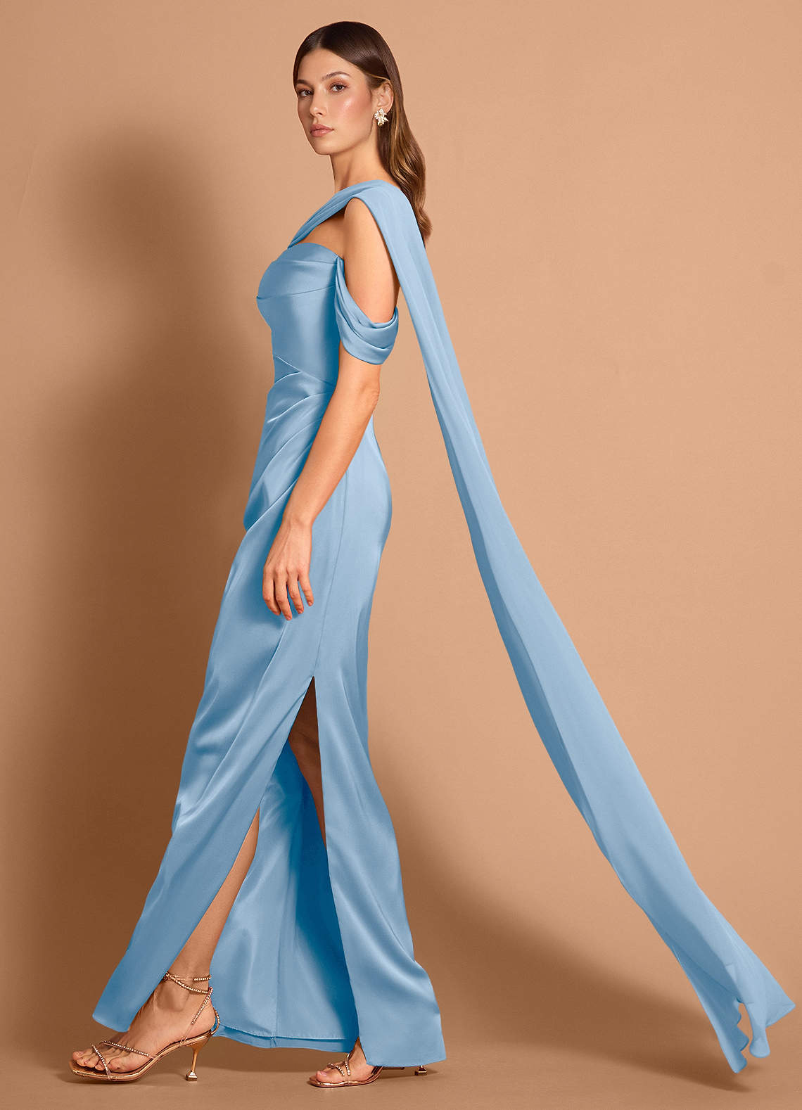 Meliora Asymmetric Strapless Chiffon-Drape Stretch Satin Evening Dress in Haze blue