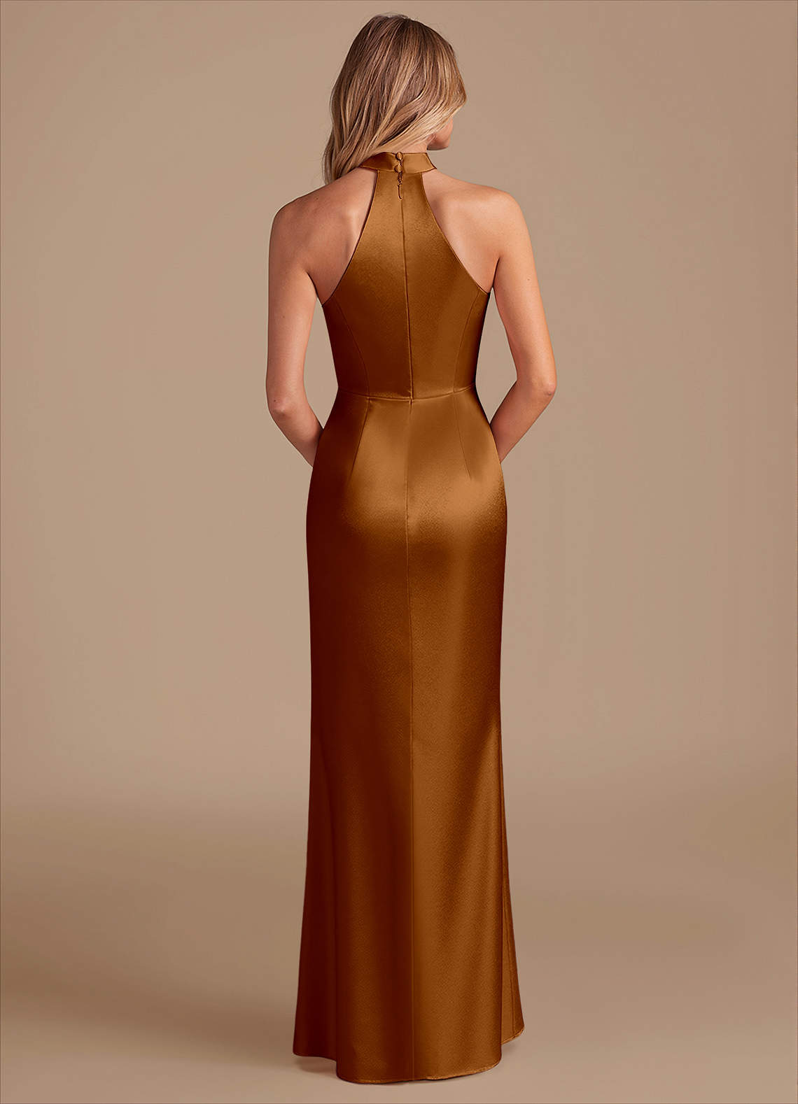 Karlotta Sheath Halter-Neck Metallic Satin Bridesmaid Dress in Copper