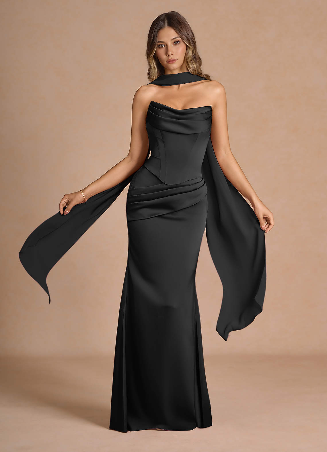 Sorrel Mermaid Corset Stretch Satin Evening Set in black