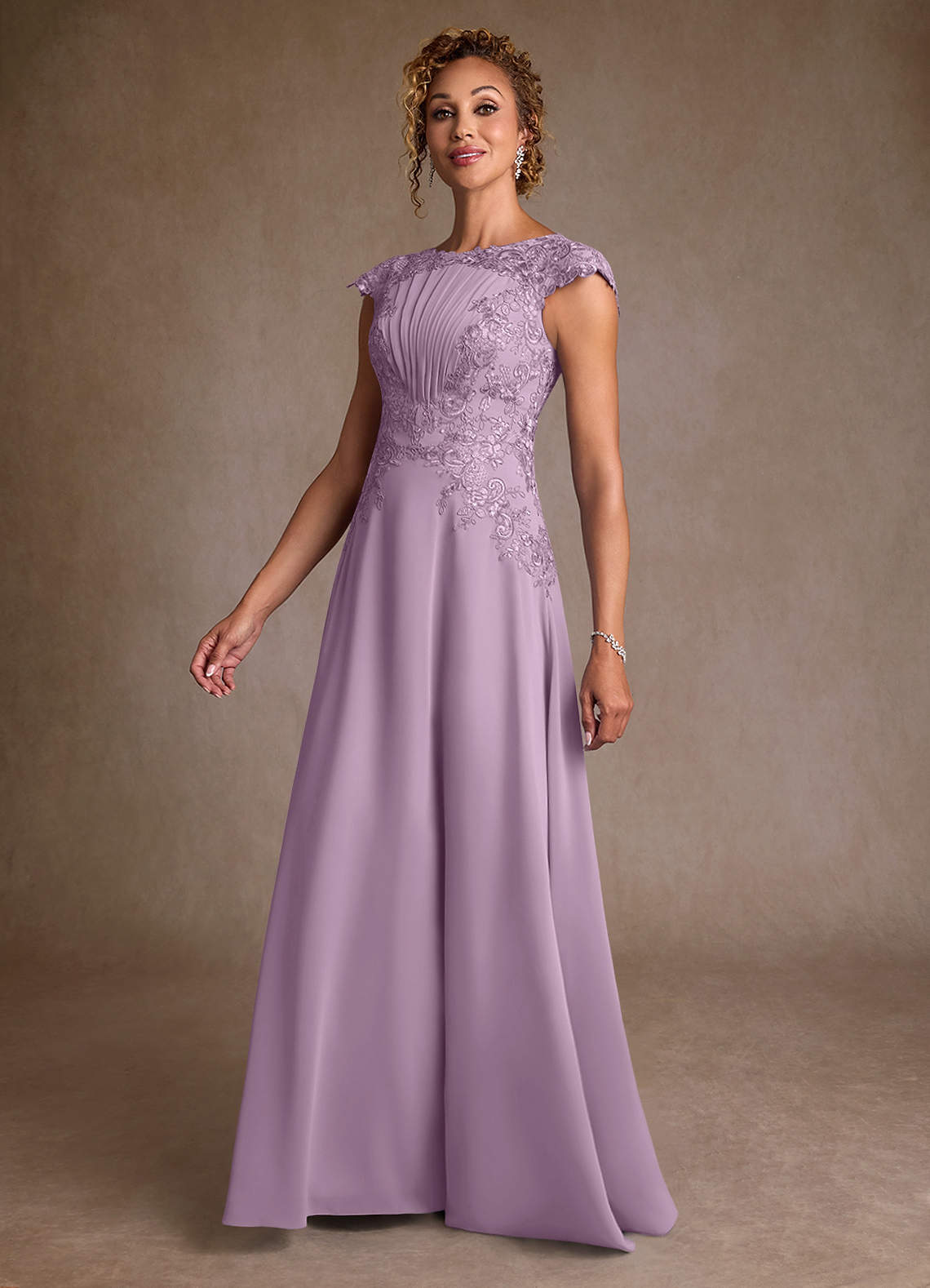 Christi A-Line Scoop-Neck Chiffon and Lace Mother of the Bride Dress in Wisteria