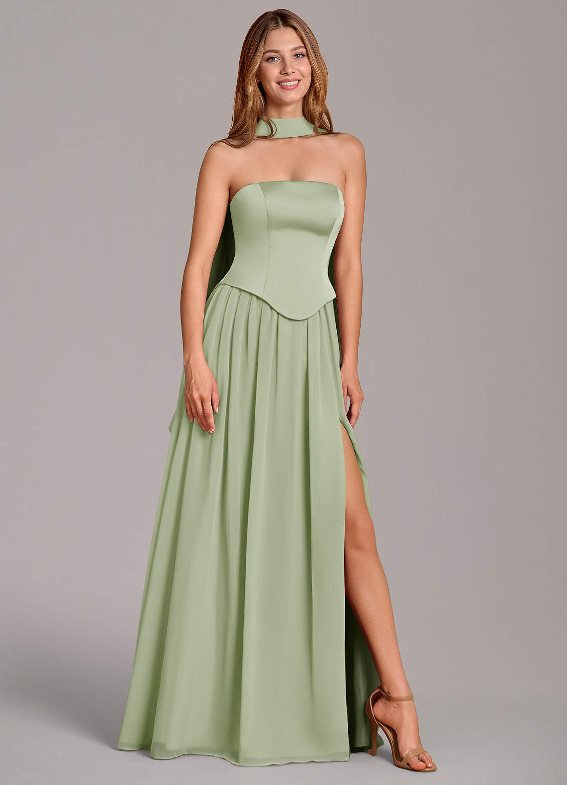 Cadence A-Line Strapless Chiffon and Stretch Satin Bridesmaid Dress in Dusty Sage
