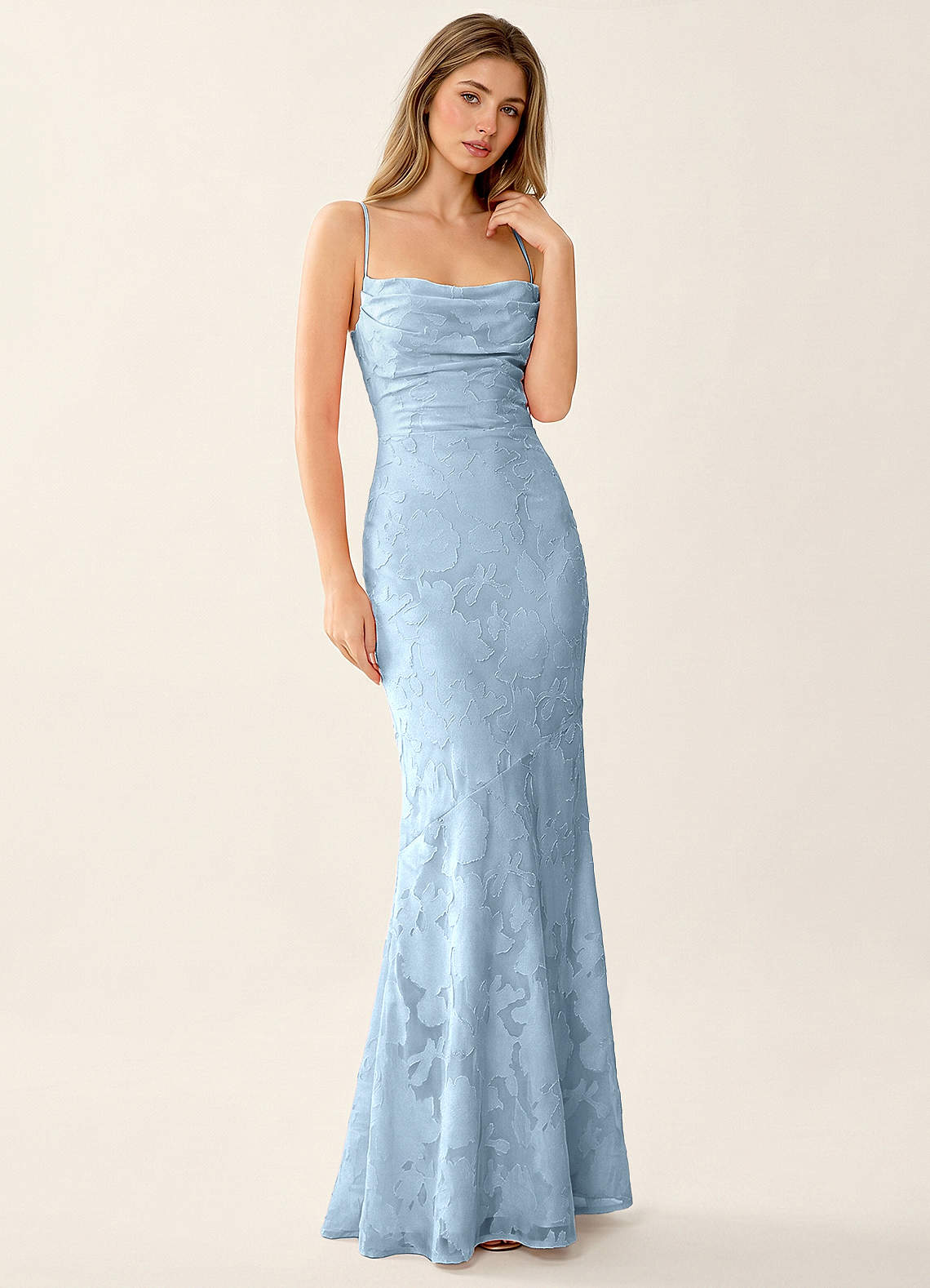 Natasha Mermaid Spaghetti-Strap Floral Burnout Evening Dress in Burgundy
