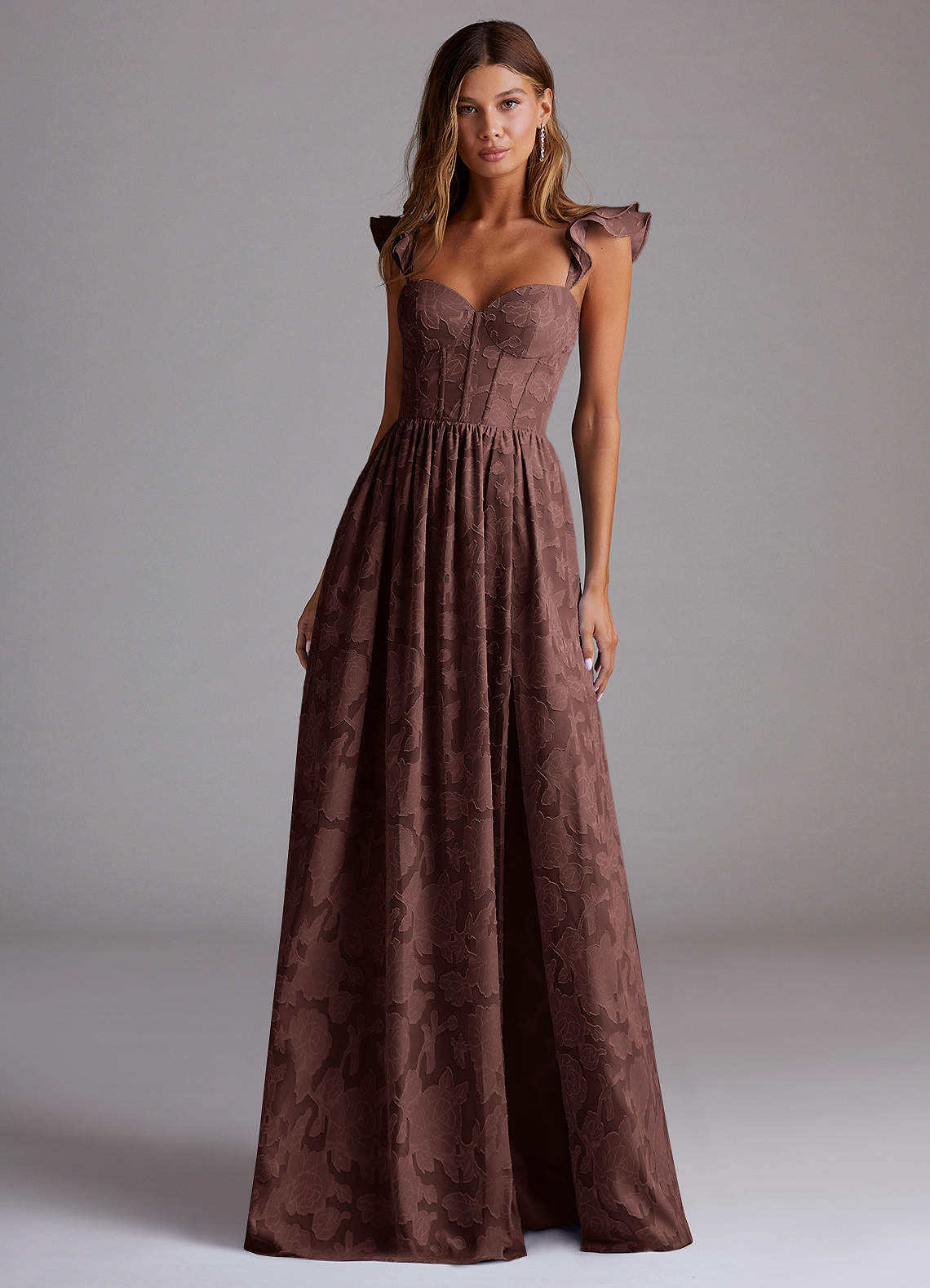 Denisse A-Line Sweetheart Floral Burnout Wedding Guest Dress in Mocha Coco