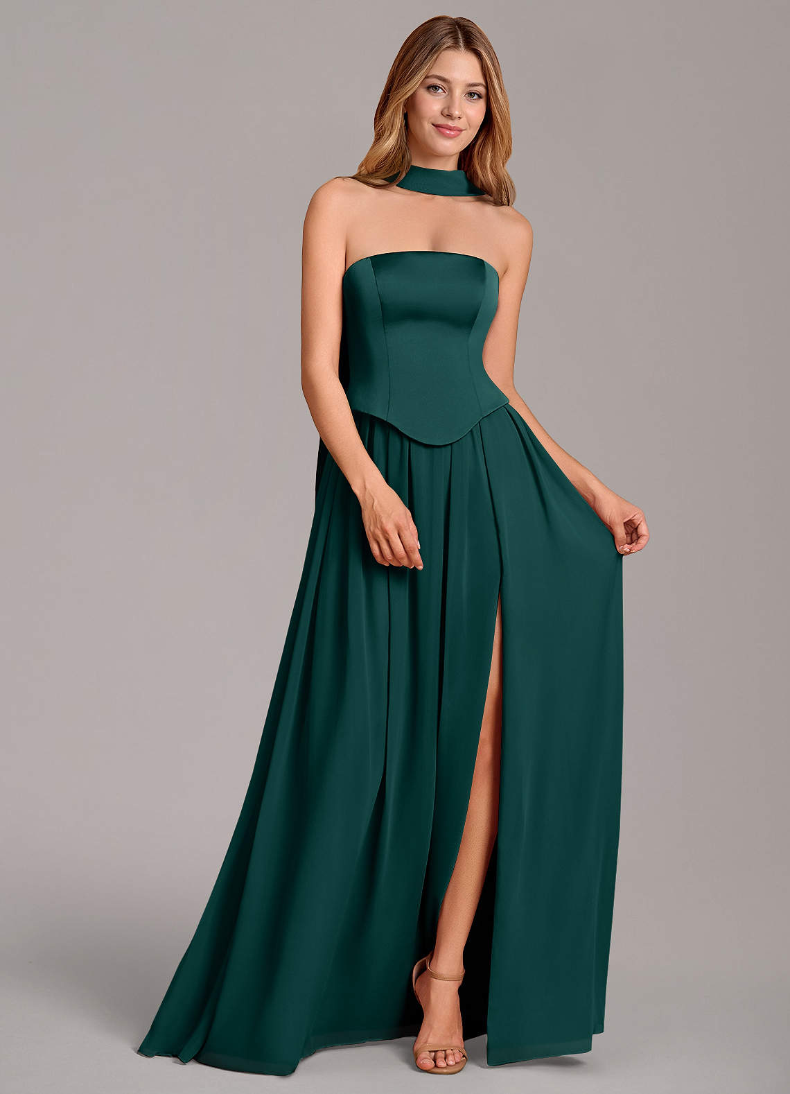 Cadence A-Line Strapless Chiffon and Stretch Satin Bridesmaid Dress in Pine