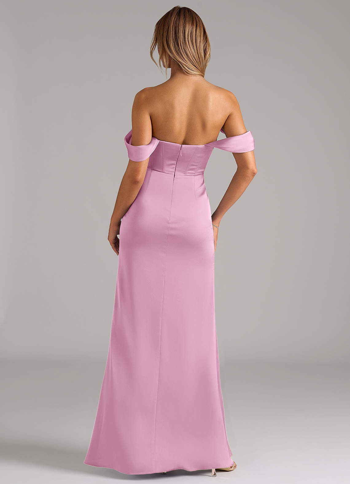 Johana Mermaid Off-the-Shoulder Stretch Satin Bridesmaid Dress in candy pink