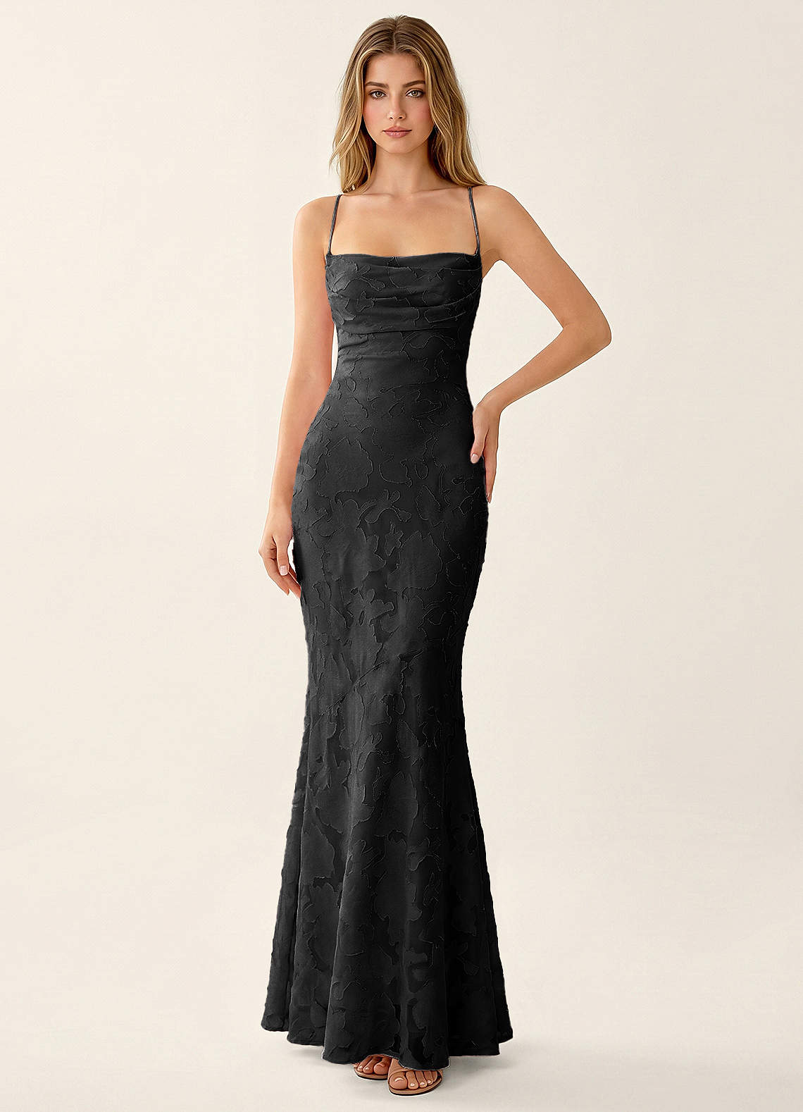 Natasha Mermaid Spaghetti-Strap Floral Burnout Evening Dress in black