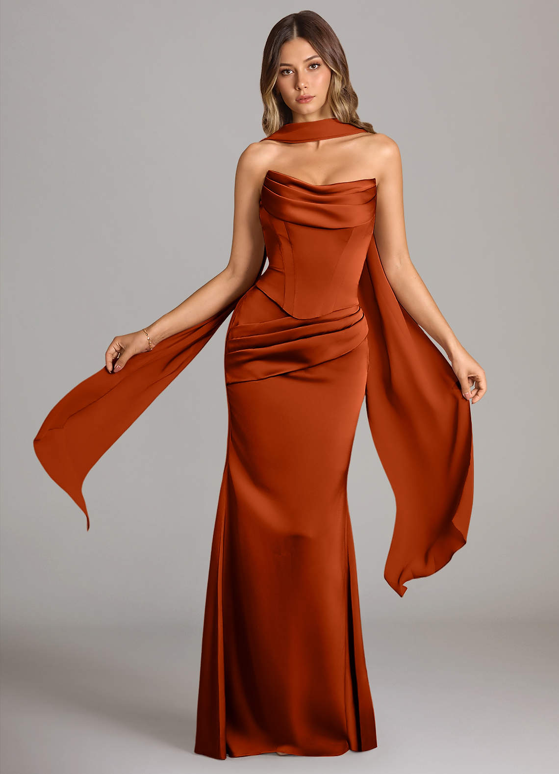 Sorrel Mermaid Cowl-Neck Stretch Satin and Chiffon Bridesmaid Dress in Paprika