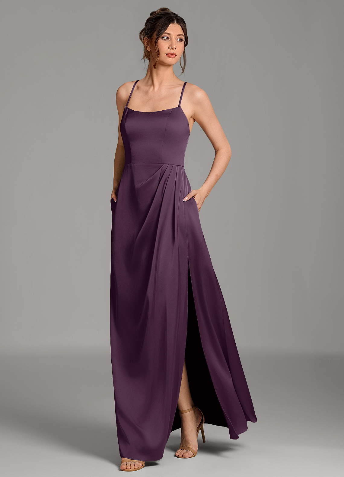 Frankie A-Line Scoop-Neck Stretch Satin Bridesmaid Dress in Plum