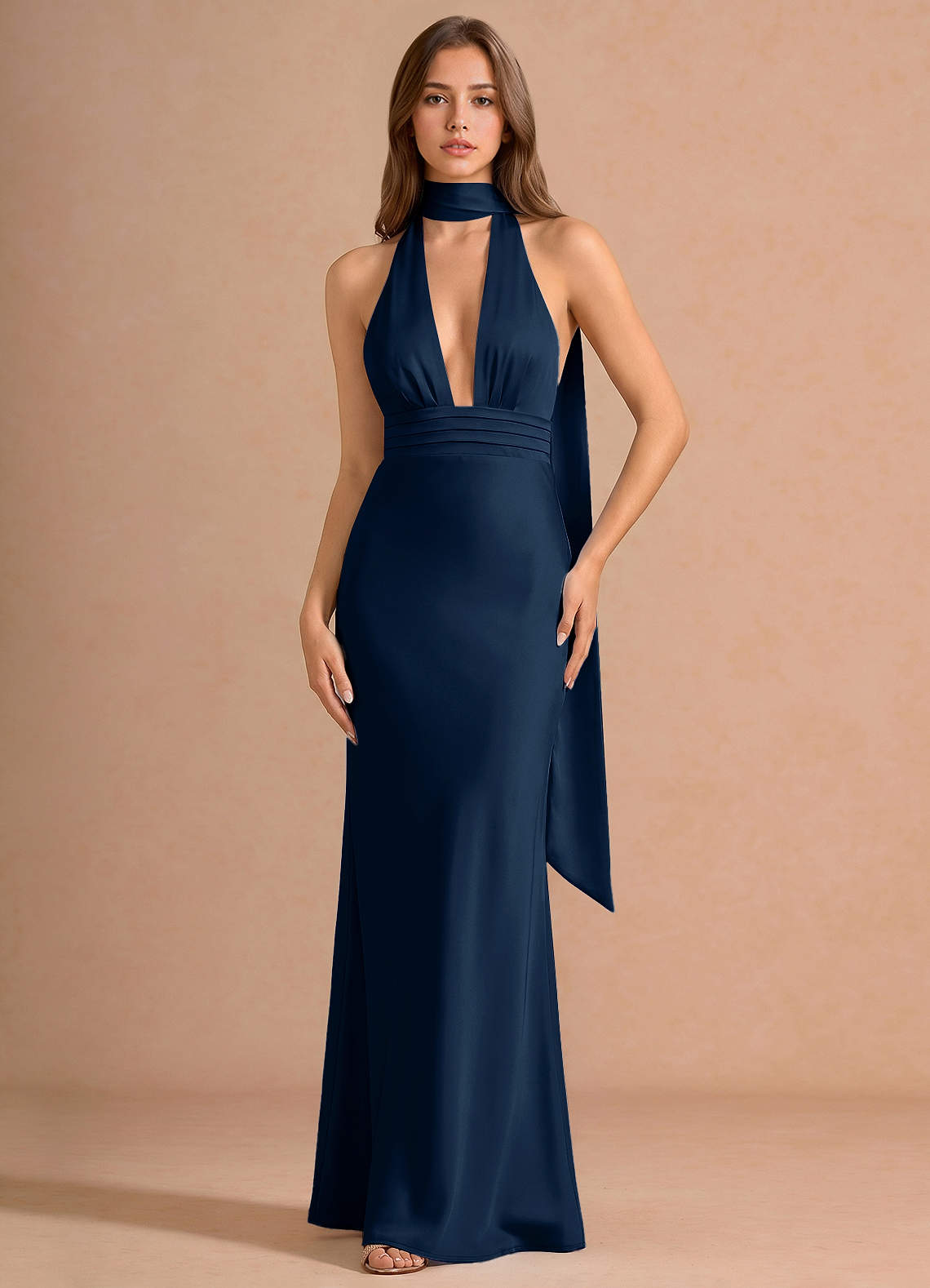 Linnea A-Line V-Neck Stretch Satin Evening Dress in Haze Pink