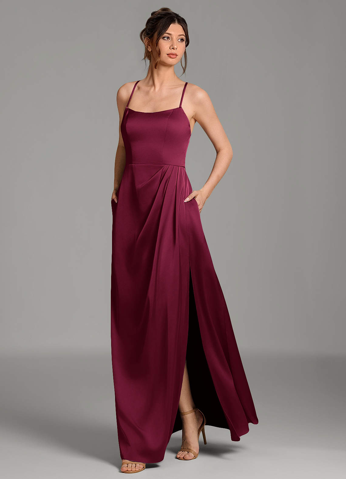 Frankie A-Line Scoop-Neck Stretch Satin Bridesmaid Dress in Burgundy