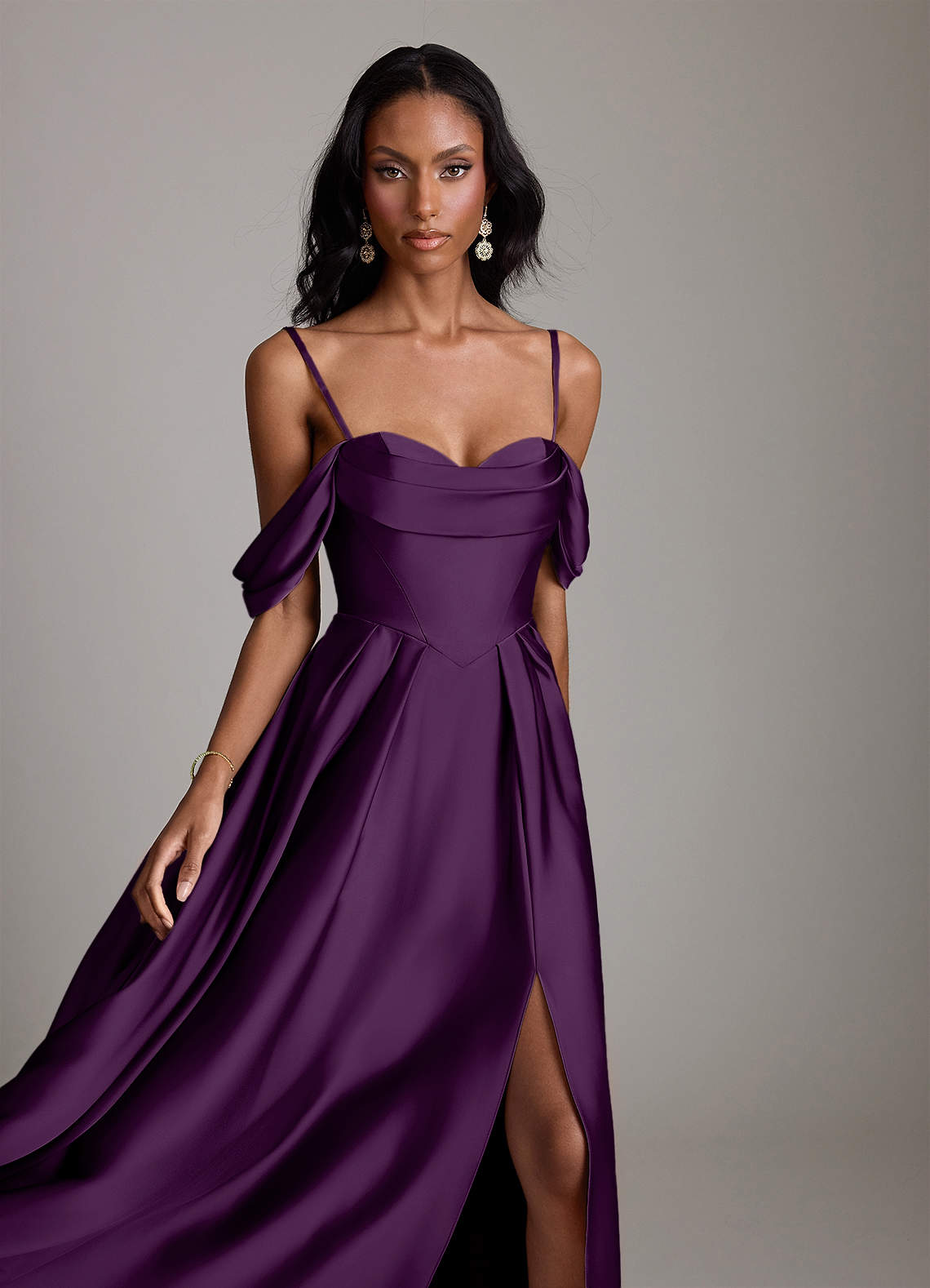 Loisa A-Line Off-the-Shoulder Stretch Satin Bridesmaid Dress in Grape