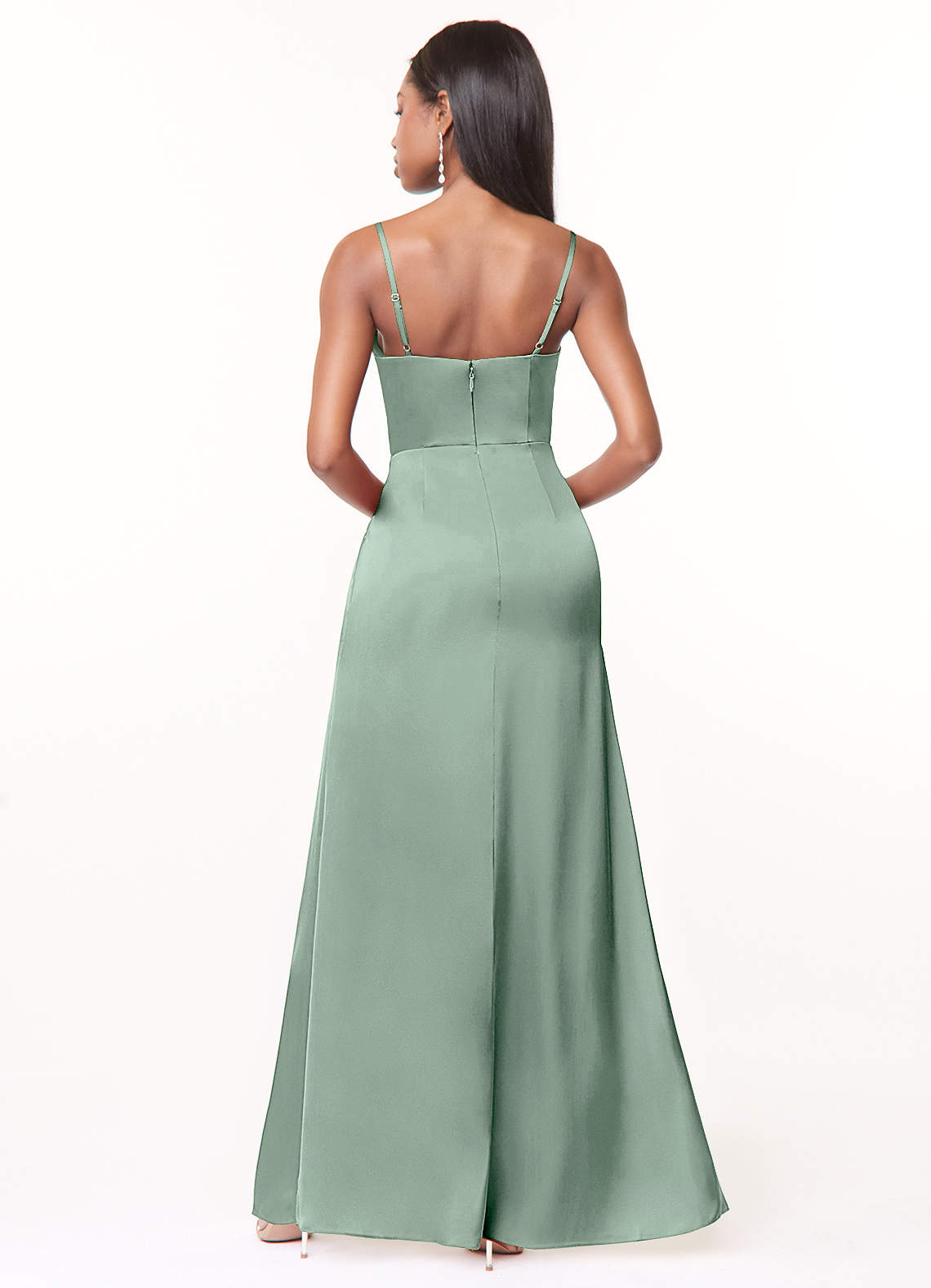 Maci A-Line V-Neck Stretch Satin Bridesmaid Dress in Agave