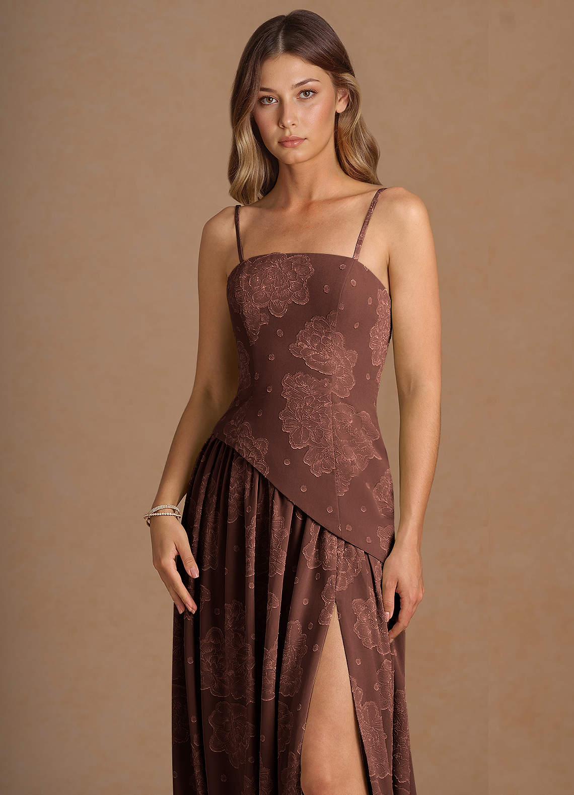 Marcella A-Line Corset Chiffon Burnout Wedding Guest Dress in Mocha Coco