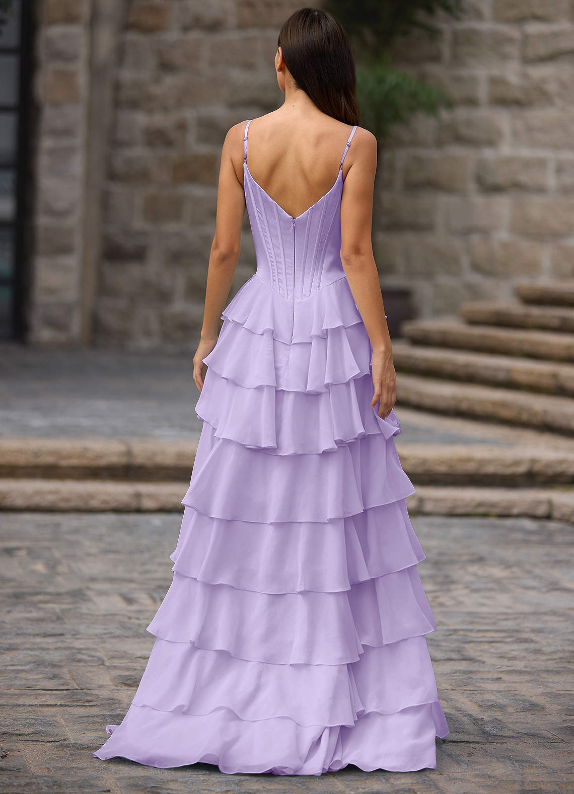 Floralace A-Line Ruffle Chiffon Evening Dress in Lilac