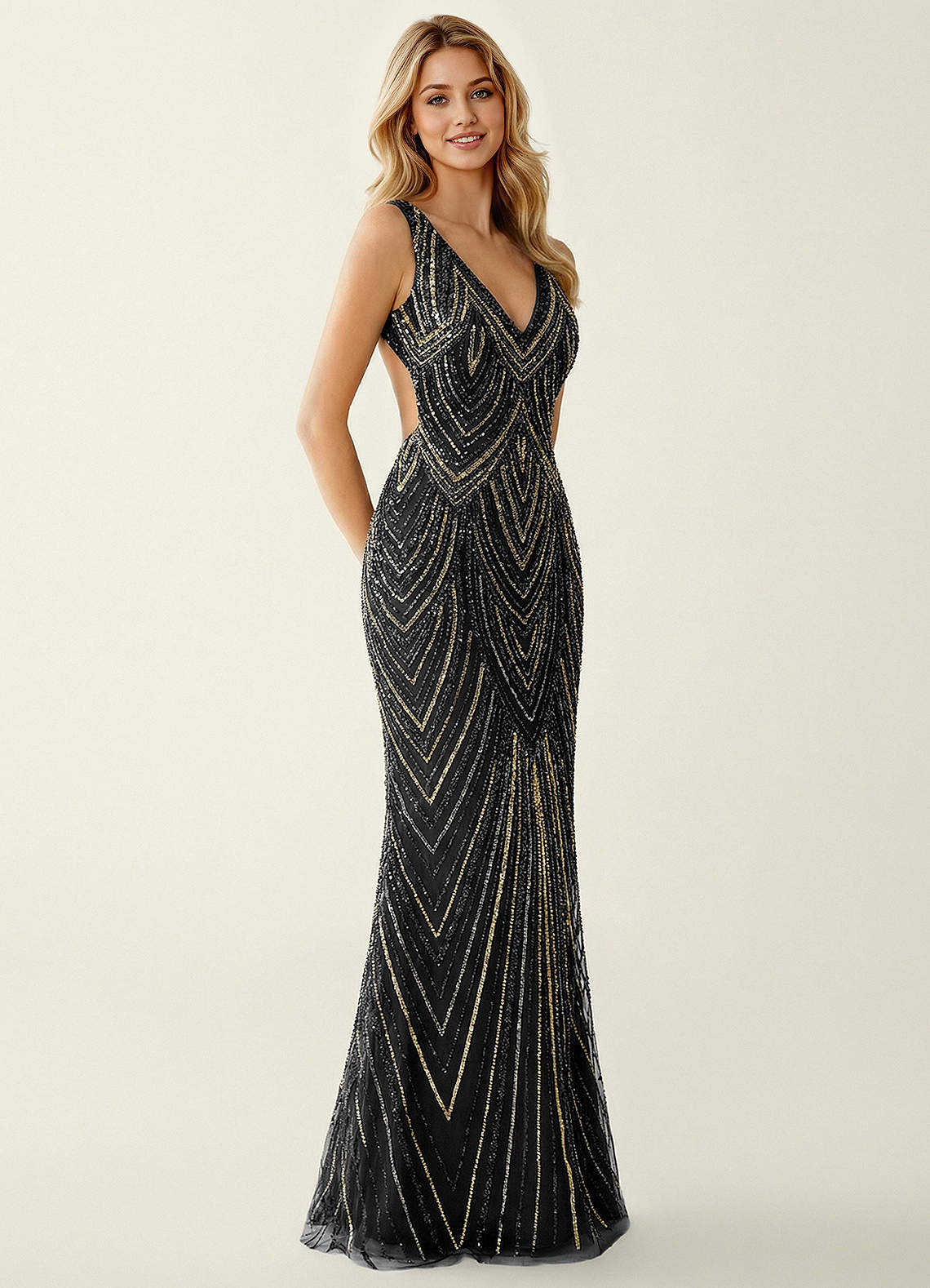 Hazelen Plunging V-Neck Chevron Sequin Tulle Evening Dress in Solid Navy