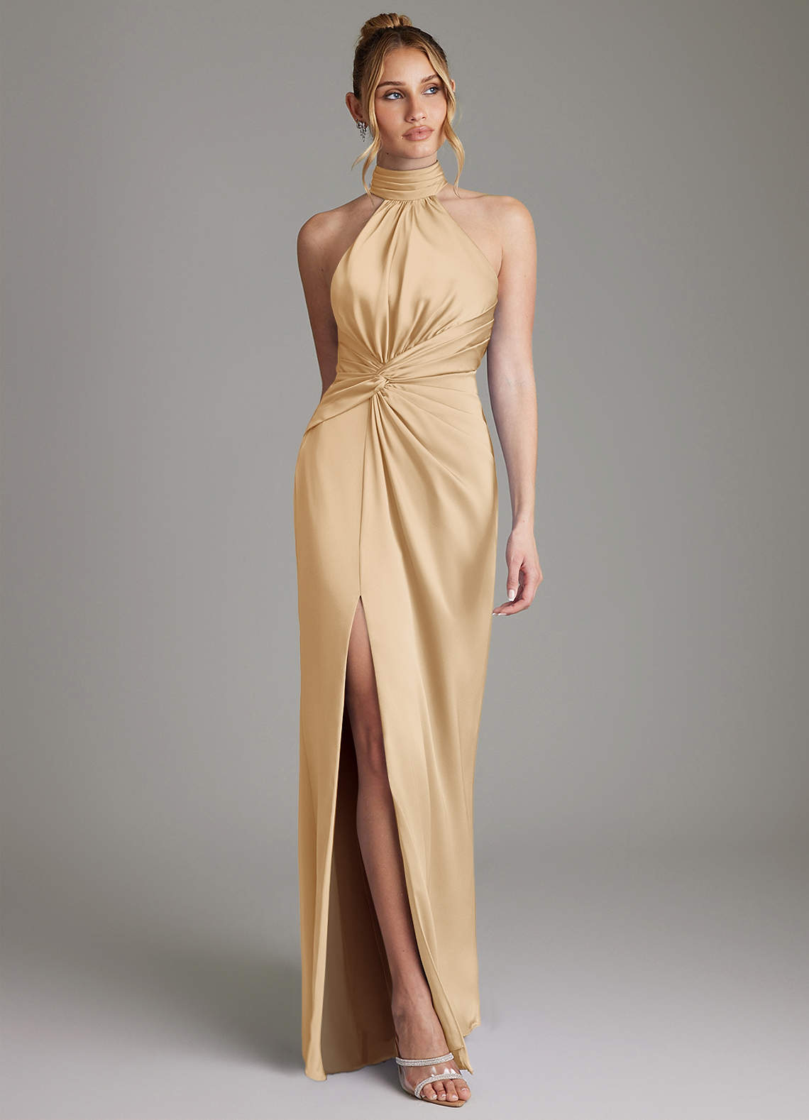 Gracelynn Sheath Halter Stretch Satin Bridesmaid Dress in Gold
