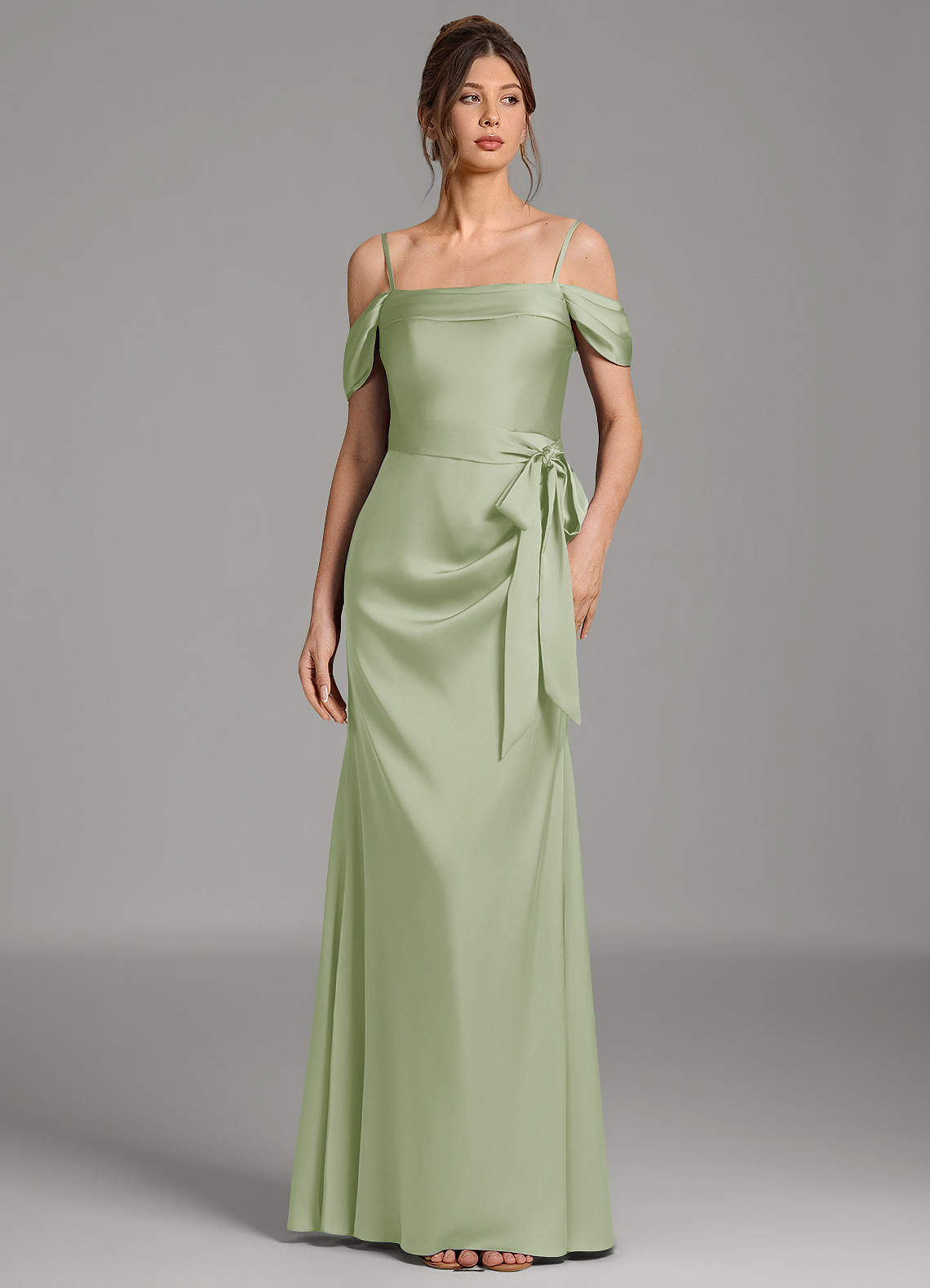 Wyatt Mermaid Off-the-Shoulder Stretch Satin Bridesmaid Dress in Dusty Sage