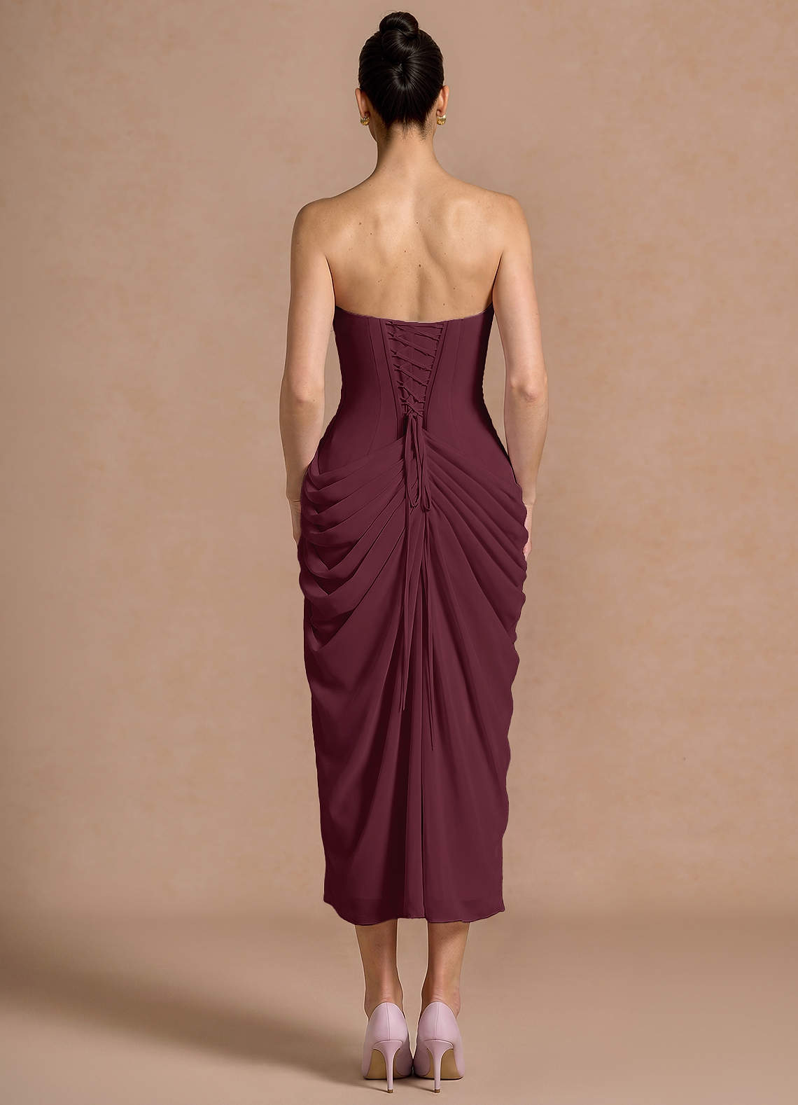 Kaavia Column Pleated Chiffon Midi Evening Dress in Wine