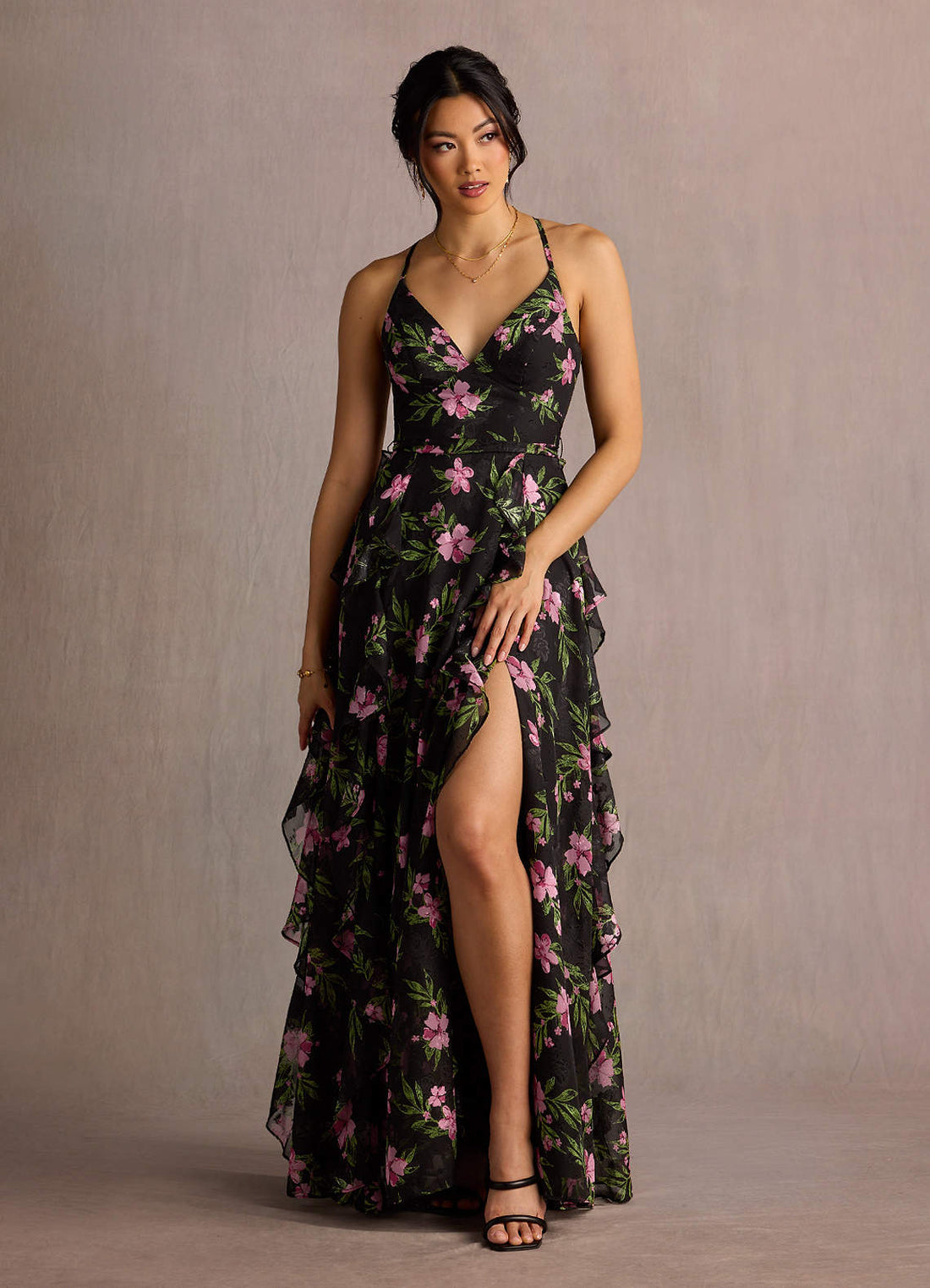 Megan A-Line V-Neck Printed Fil Coupé Wedding Guest Dress in Black Multi Floral