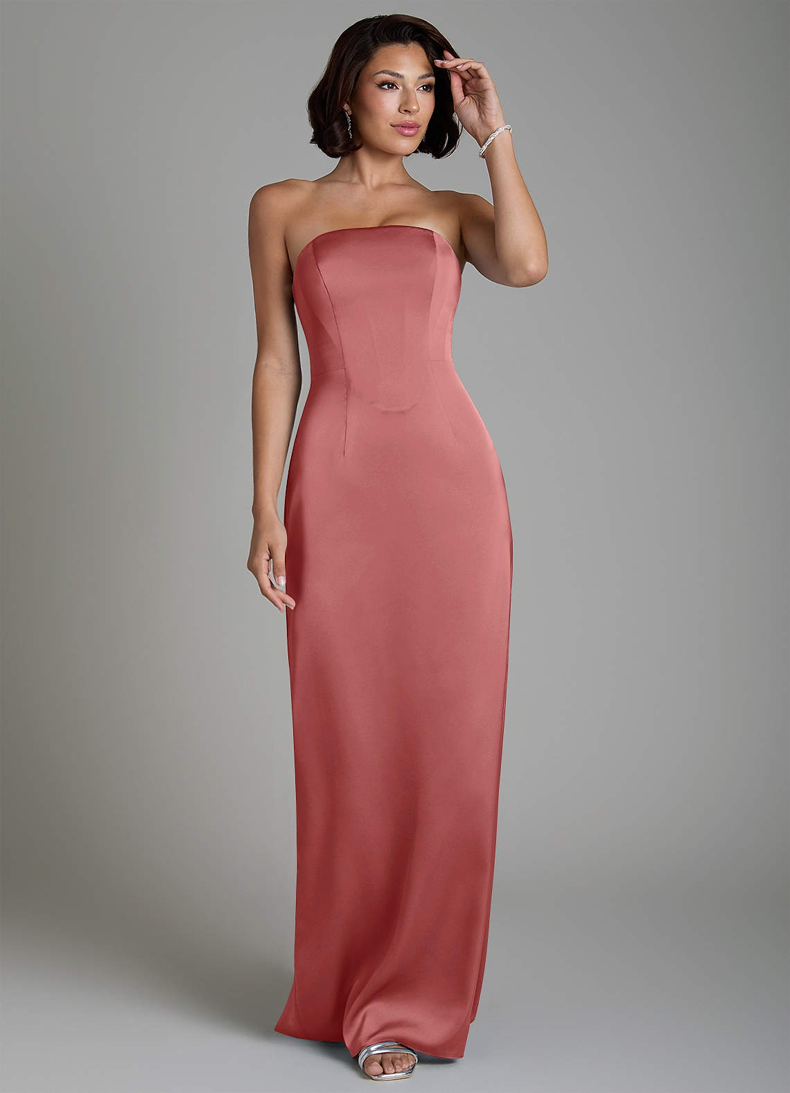 Fallyn Sheath Strapless Stretch Satin Bridesmaid Dress in Antique Rose