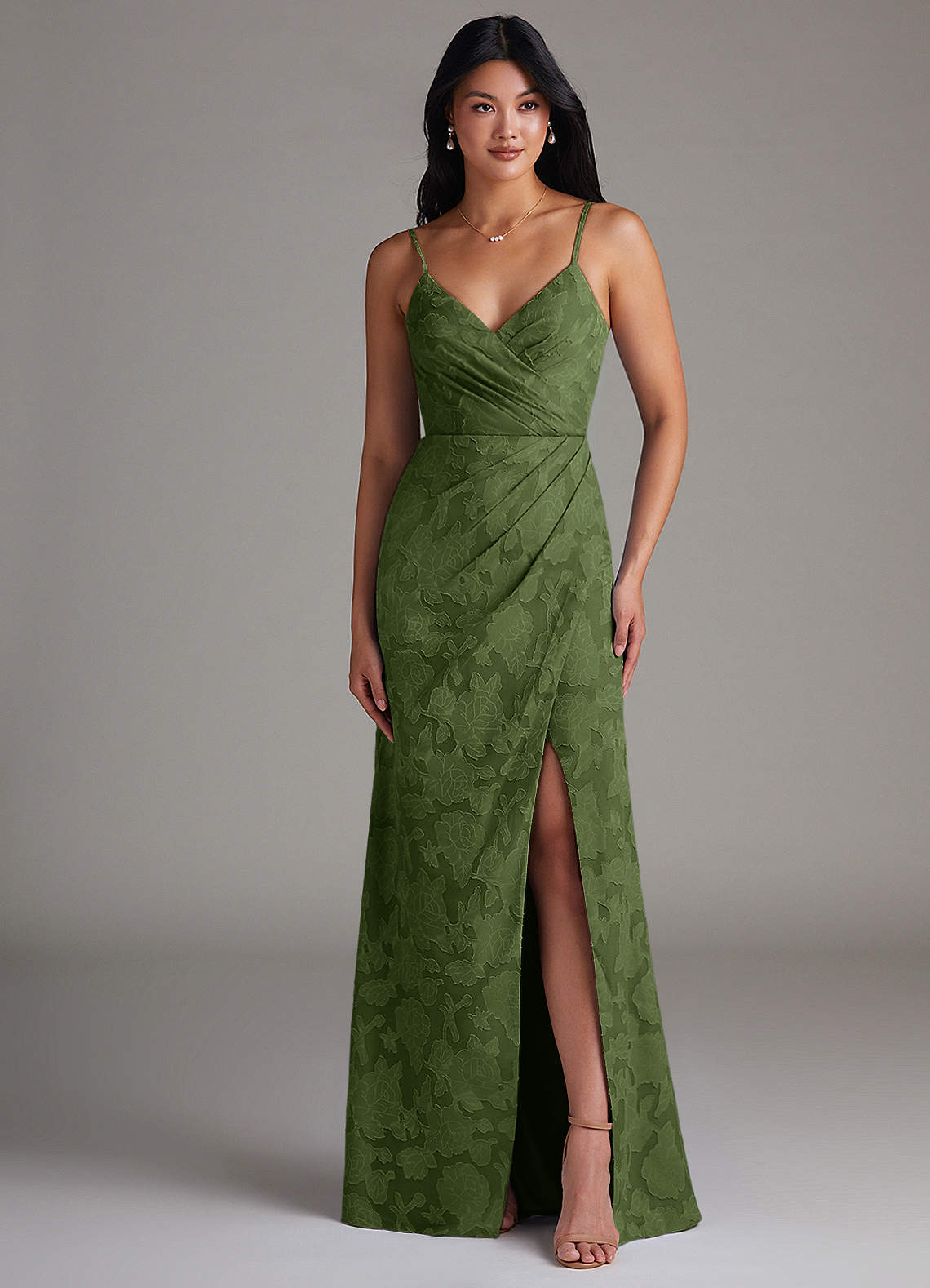 Maci Sheath V-Neck Floral Burnout Bridesmaid Dress in Olive