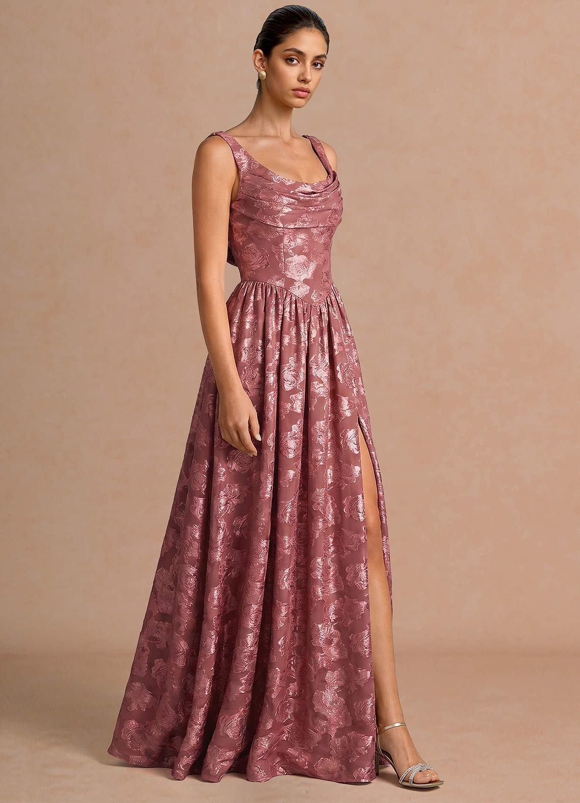 Novi A-Line Draped-Neck Floral Fil Coupé Evening Dress in Vintage Rose