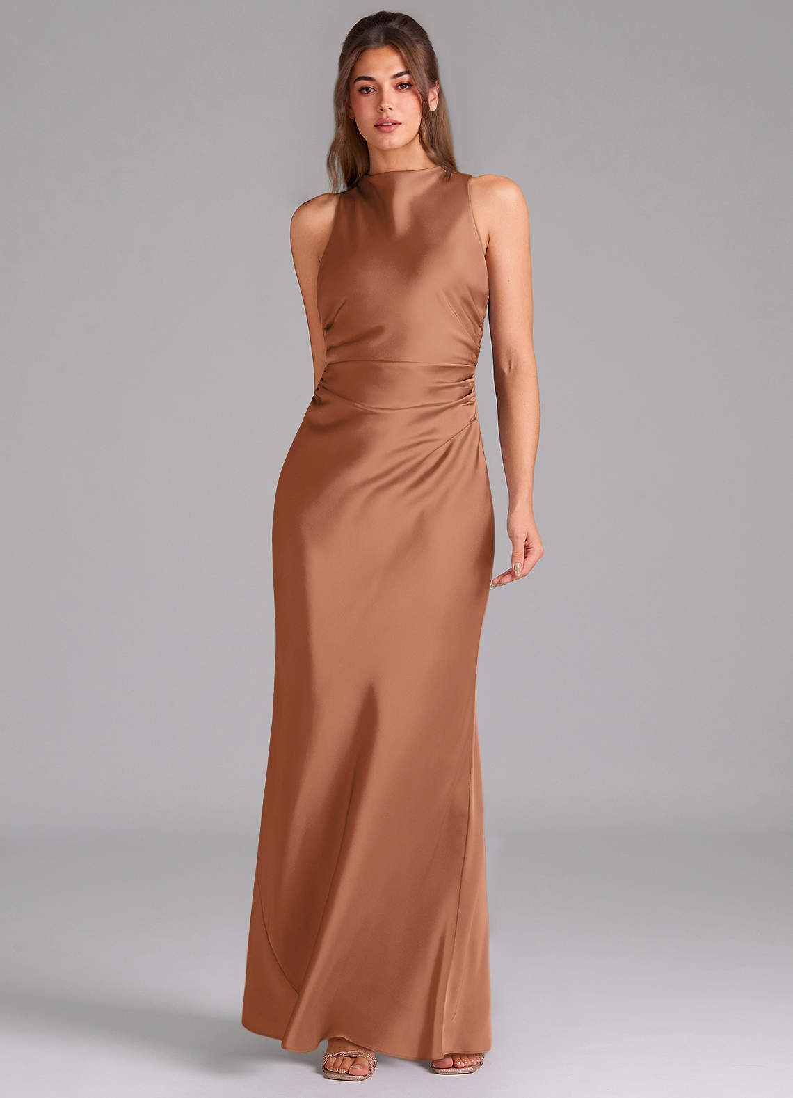 Evadne Sheath Scoop-Neck Stretch Satin Bridesmaid Dress in Bronzer