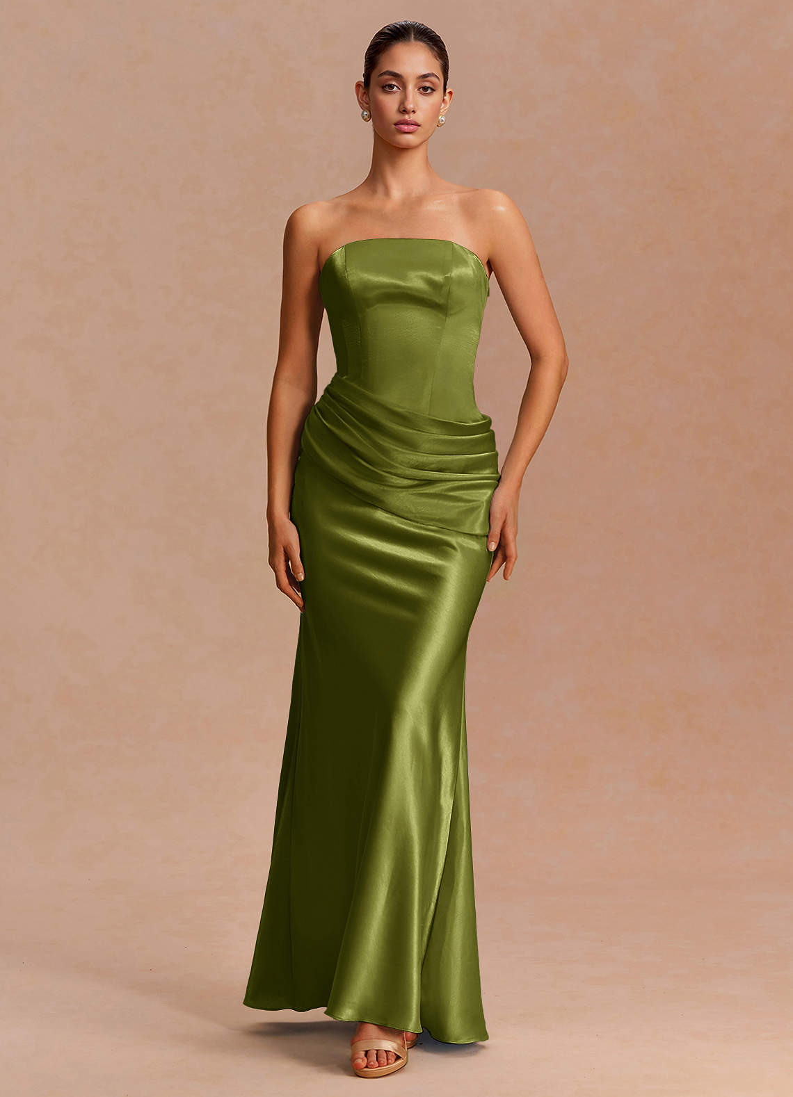 Leonie Strapless Draped-Shoulder Satin Evening Dress in White